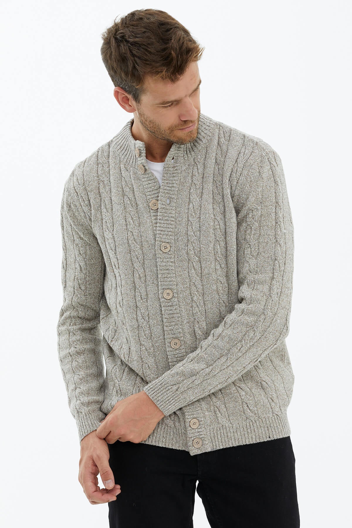 Dik Yaka Düğmeli Triko Hırka - Sütlü Kahve (3) Sementa