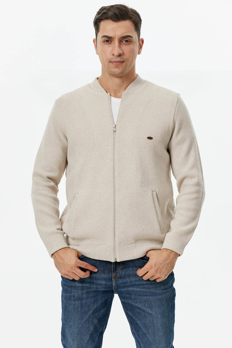 Dik Yaka Fermuarlı Cepli Triko Hırka - Açık Bej (1) Sementa