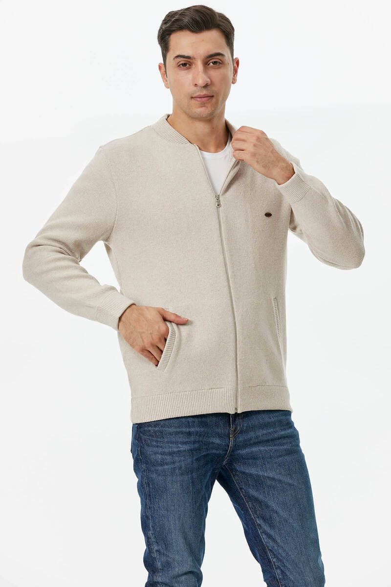 Dik Yaka Fermuarlı Cepli Triko Hırka - Açık Bej (2) Sementa