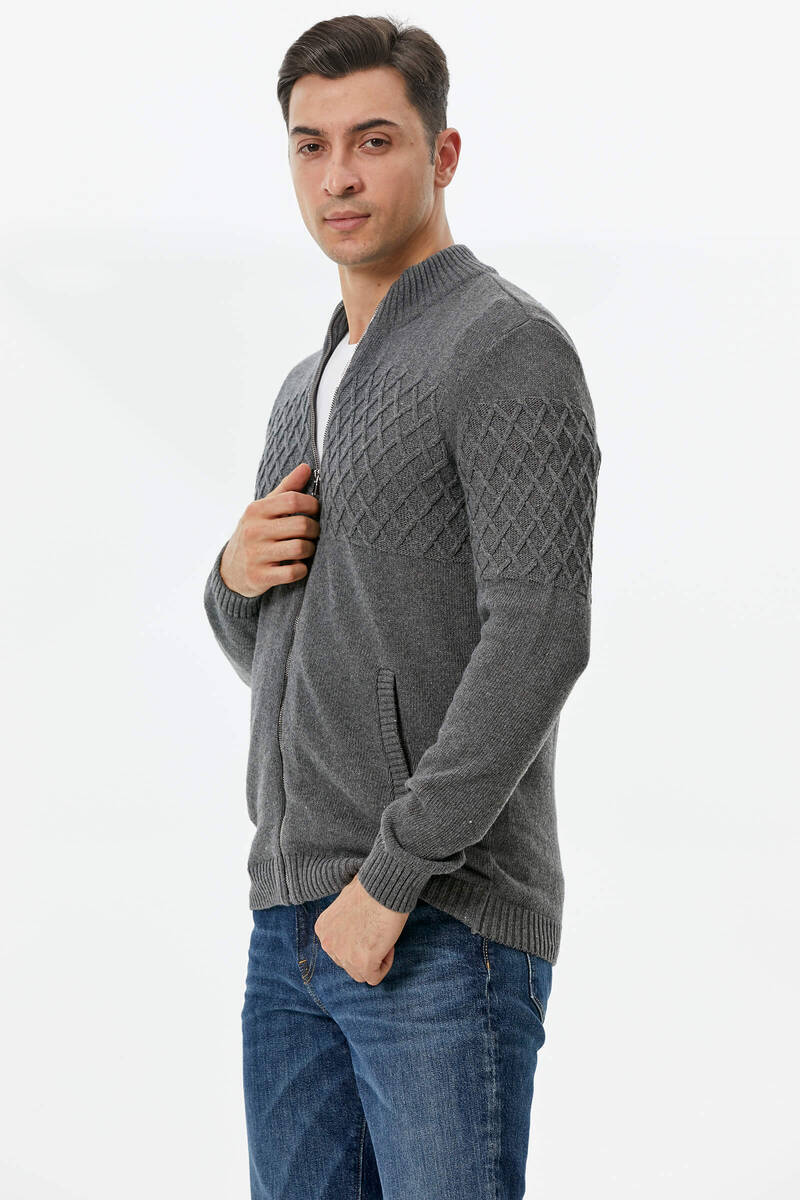 Dik Yaka Fermuarlı Cepli Triko Hırka - Koyu Gri (2) Sementa