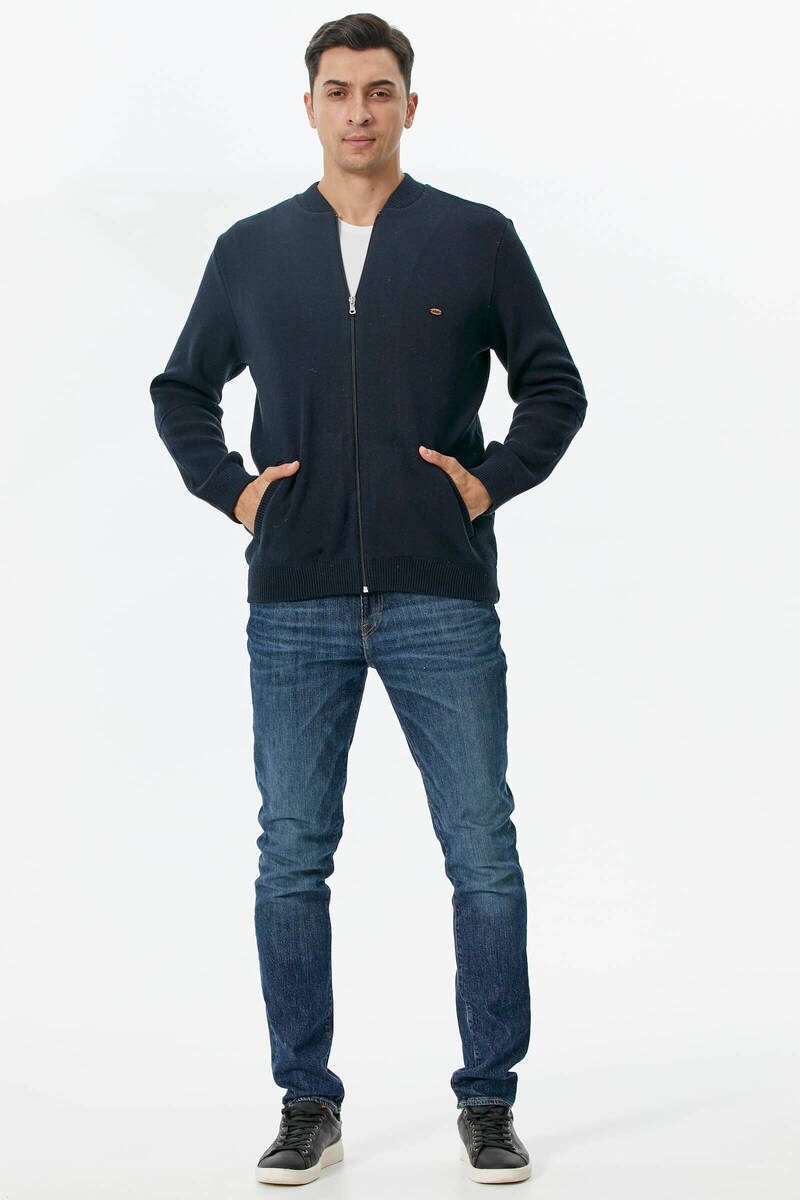 Dik Yaka Fermuarlı Cepli Triko Hırka - Lacivert (1) Sementa