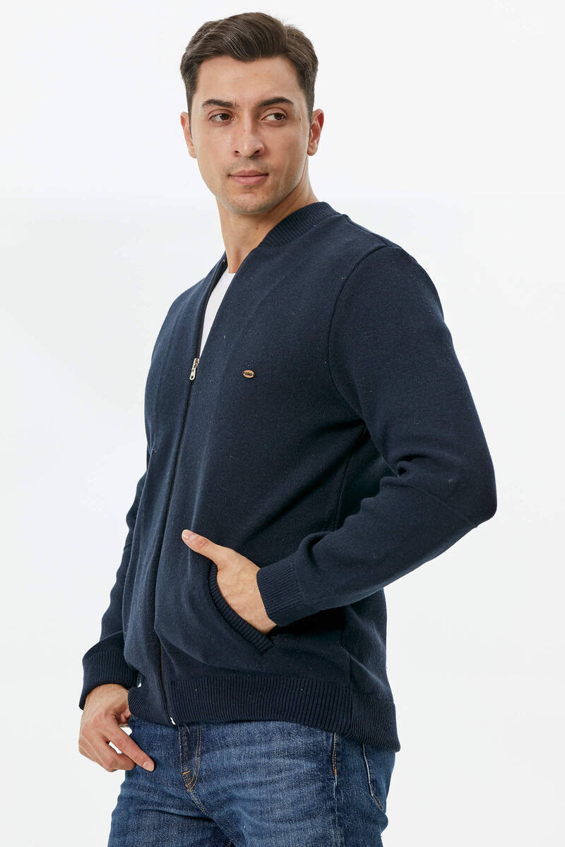 Dik Yaka Fermuarlı Cepli Triko Hırka - Lacivert (2) Sementa