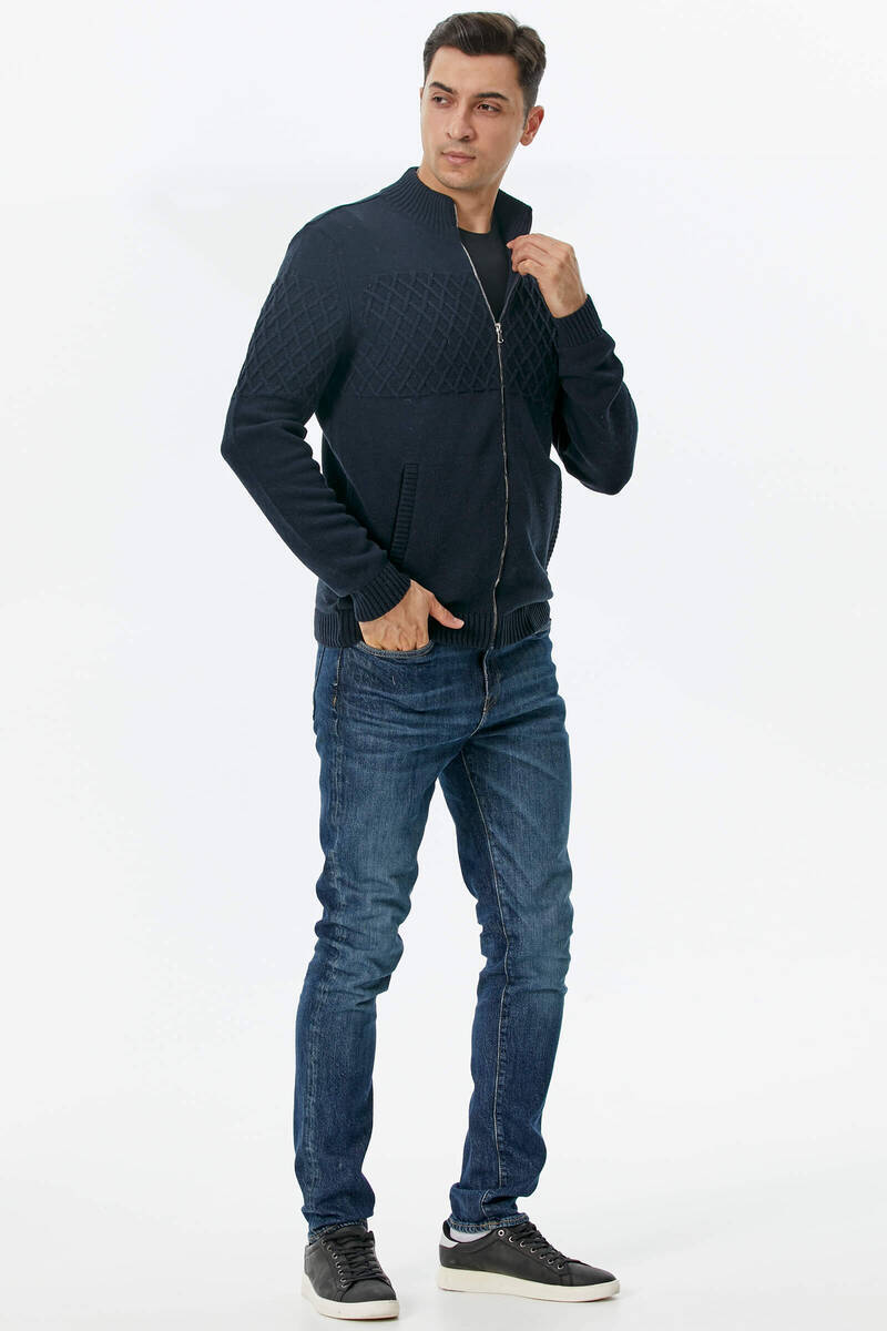 Dik Yaka Fermuarlı Cepli Triko Hırka - Lacivert (2) Sementa