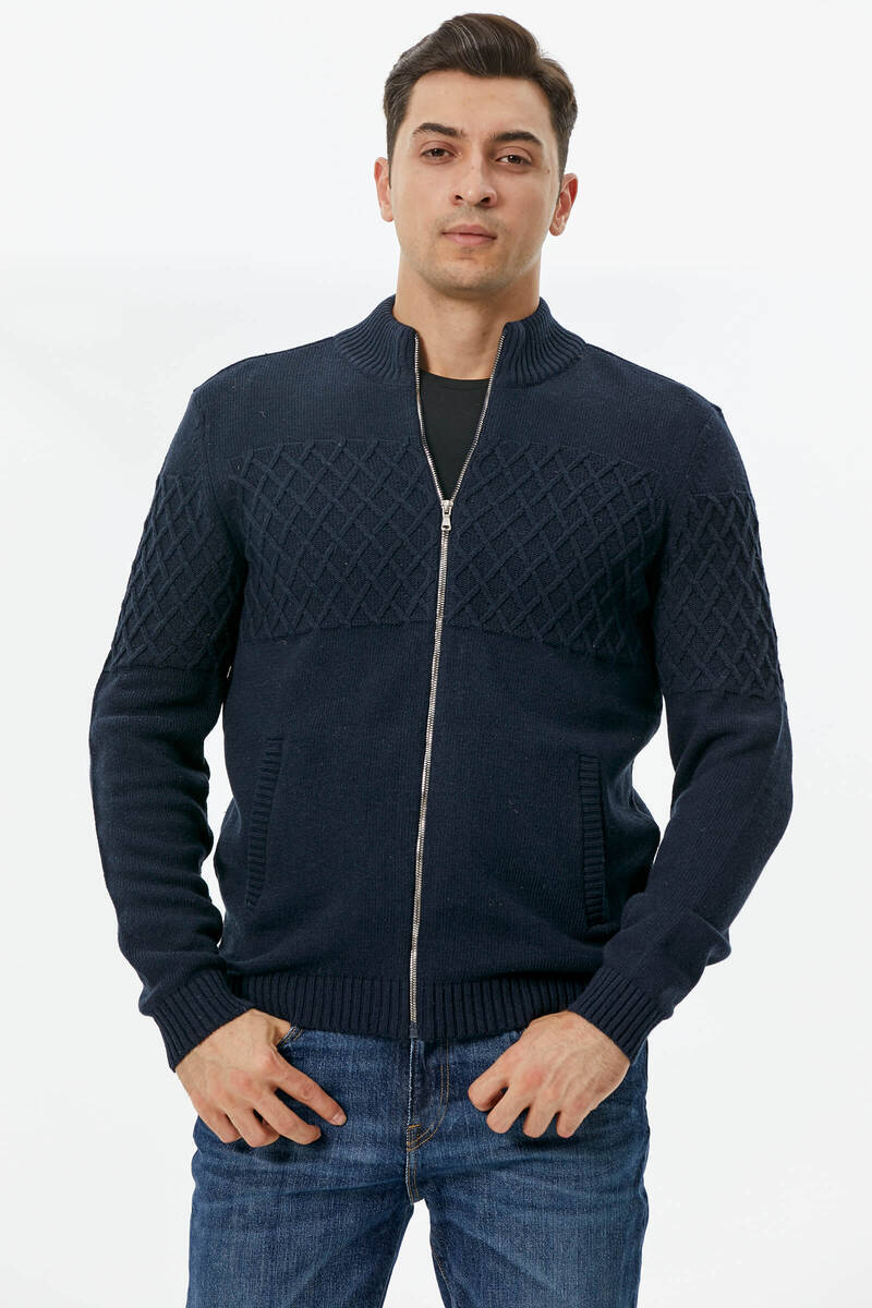 Dik Yaka Fermuarlı Cepli Triko Hırka - Lacivert (3) Sementa