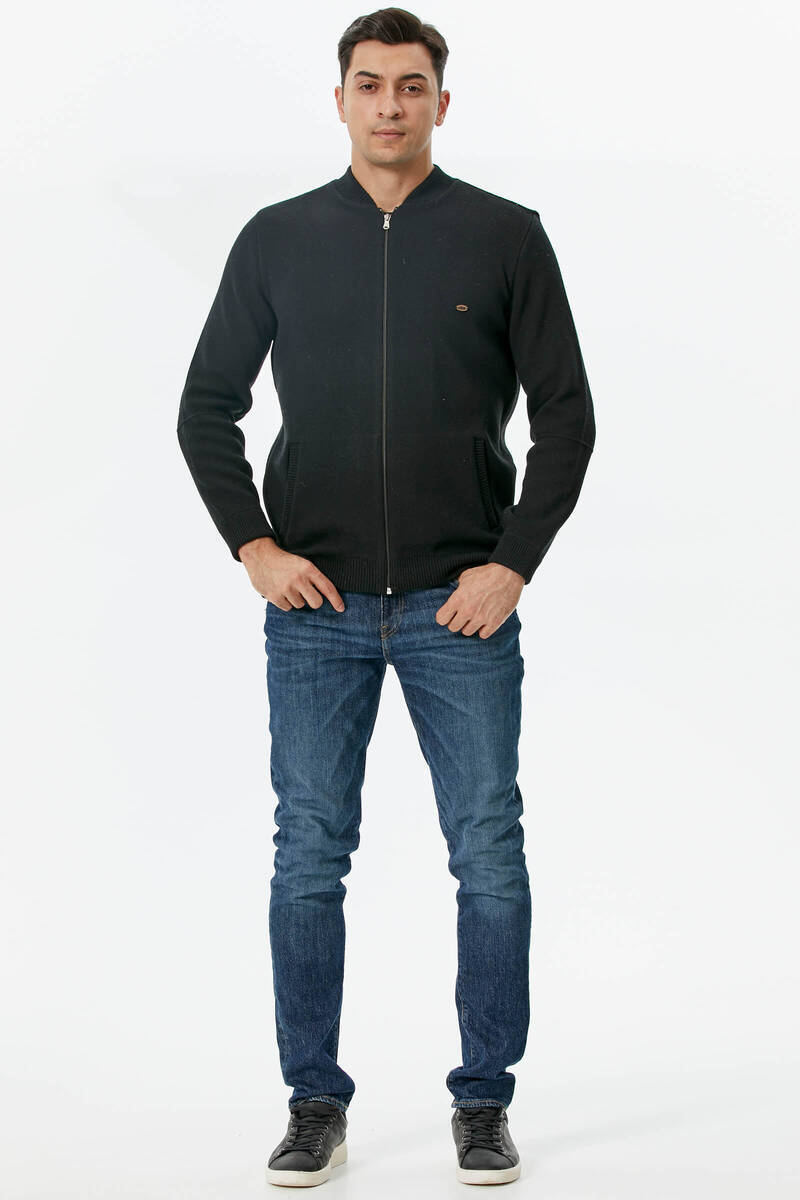 Dik Yaka Fermuarlı Cepli Triko Hırka - Siyah (1) Sementa