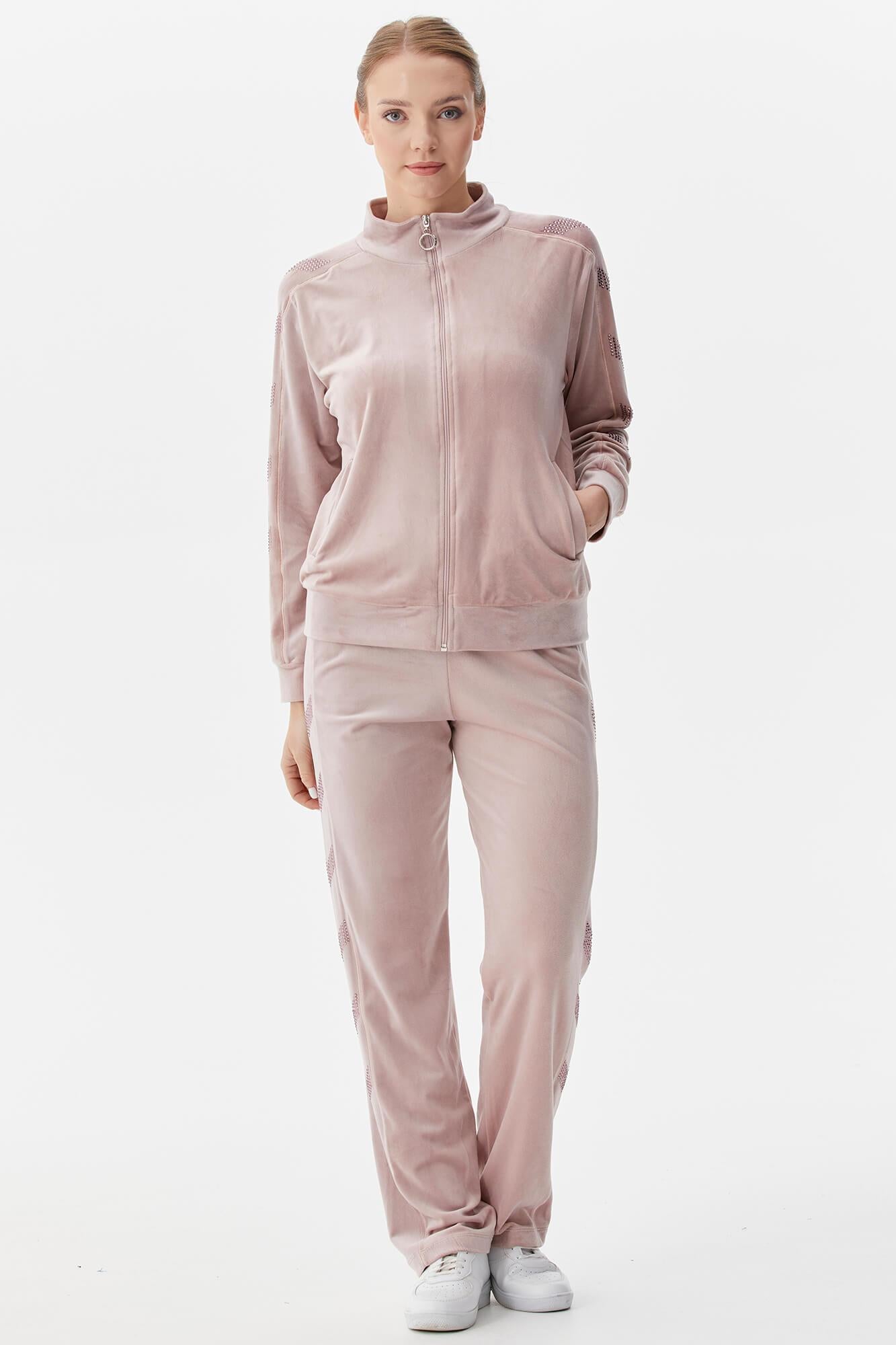 Dik Yaka Fermuarlı Kadife Eşofman Takım - Pudra (1) Sementa