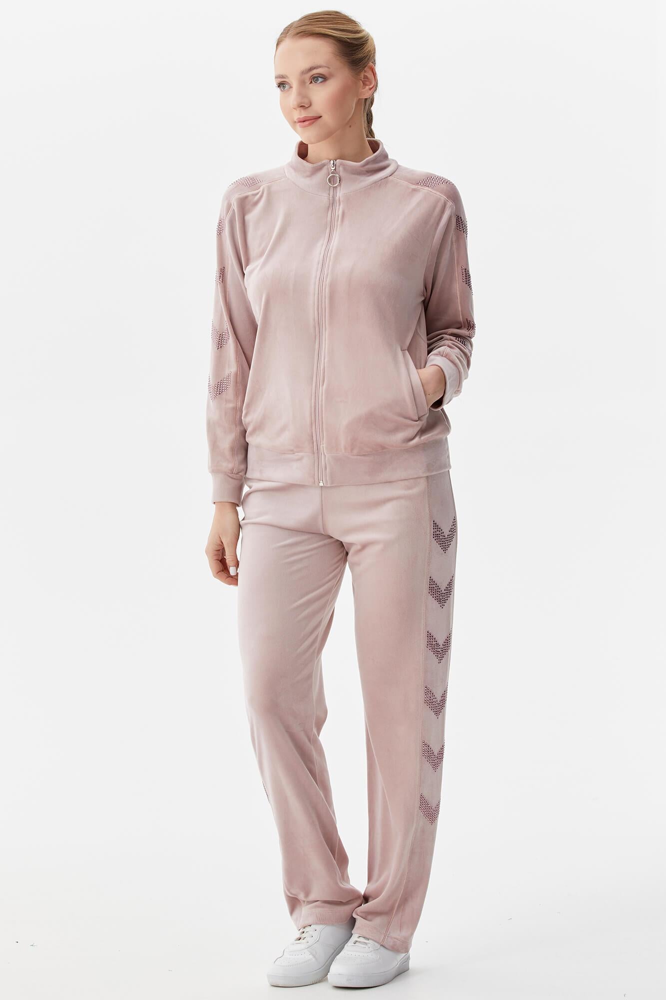 Dik Yaka Fermuarlı Kadife Eşofman Takım - Pudra (2) Sementa