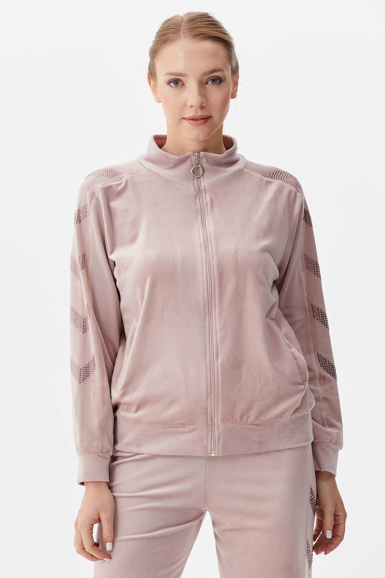 Dik Yaka Fermuarlı Kadife Eşofman Takım - Pudra (3) Sementa