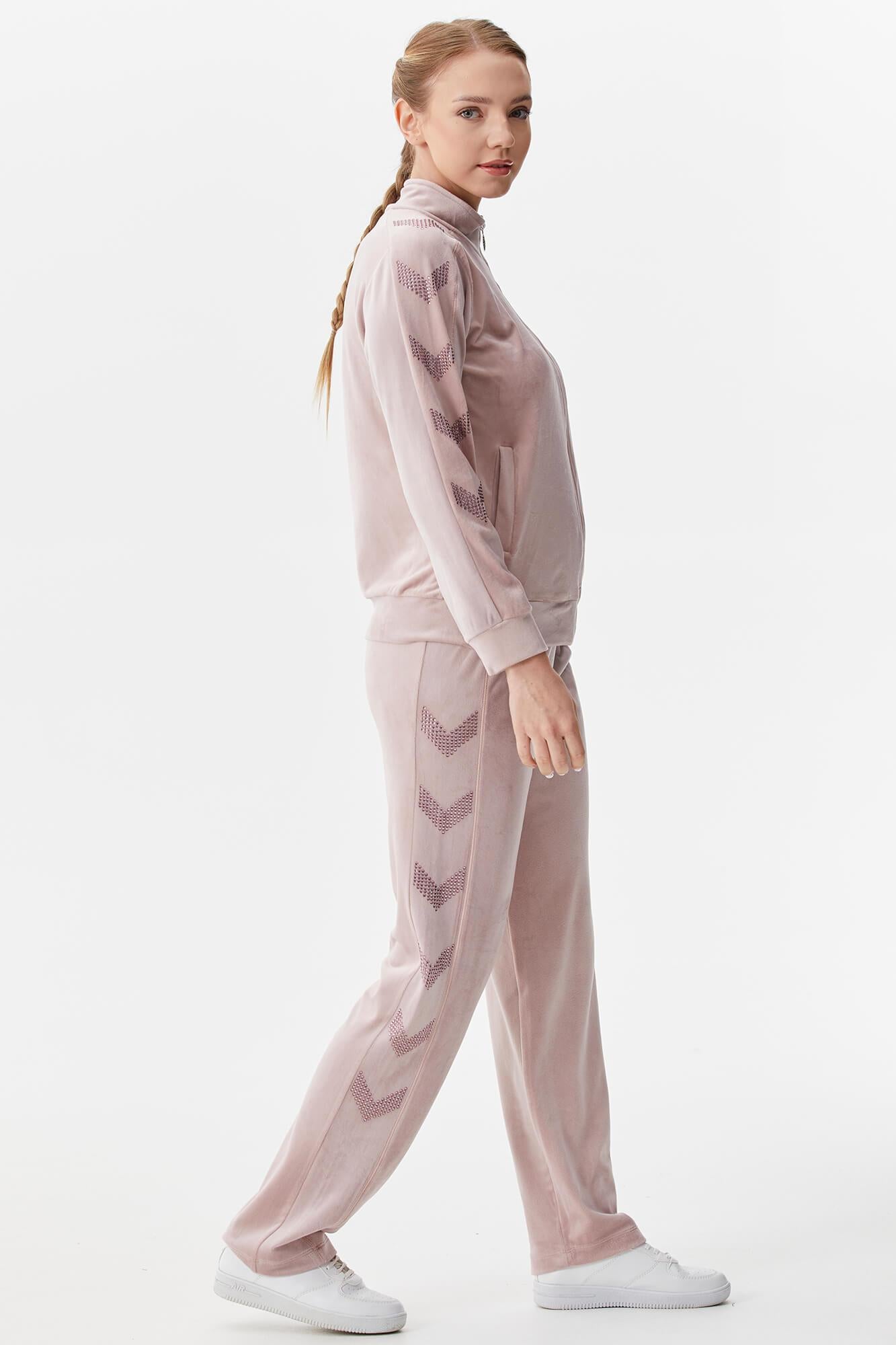 Dik Yaka Fermuarlı Kadife Eşofman Takım - Pudra (4) Sementa