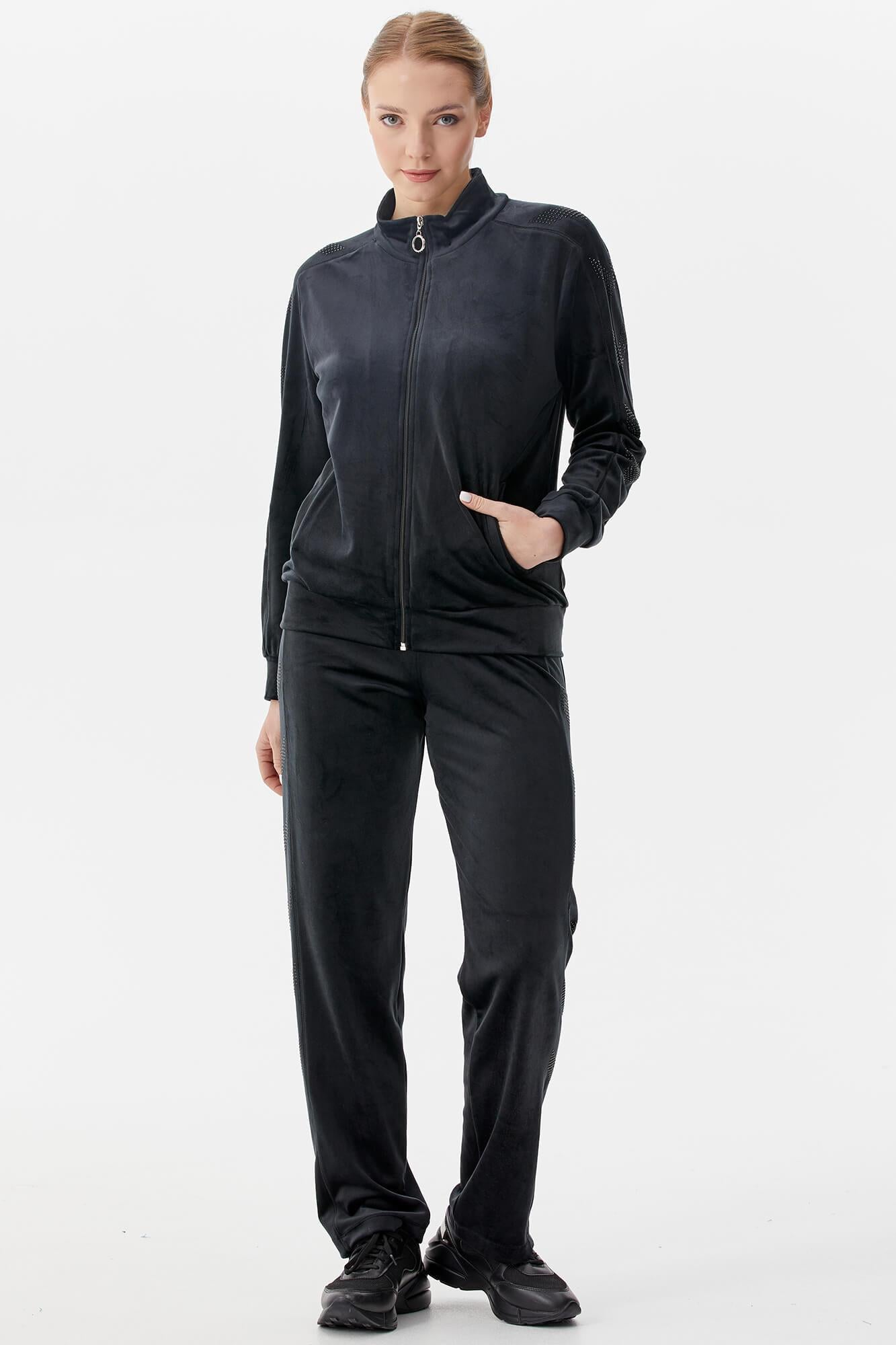 Dik Yaka Fermuarlı Kadife Eşofman Takım - Siyah (3) Sementa