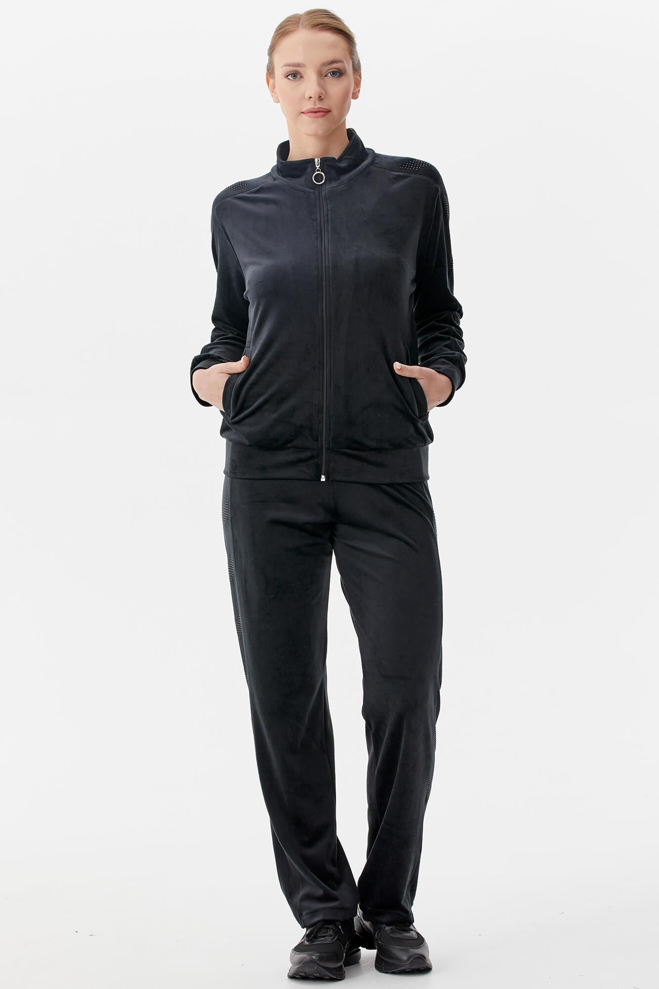 Dik Yaka Fermuarlı Kadife Eşofman Takım - Siyah (4) Sementa