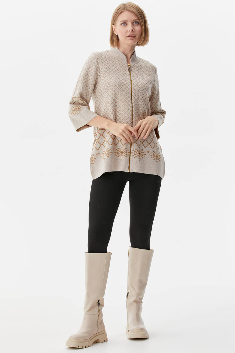 Dik Yaka Fermuarlı Taşlı Triko Hırka - Açık Bej (1) Sementa