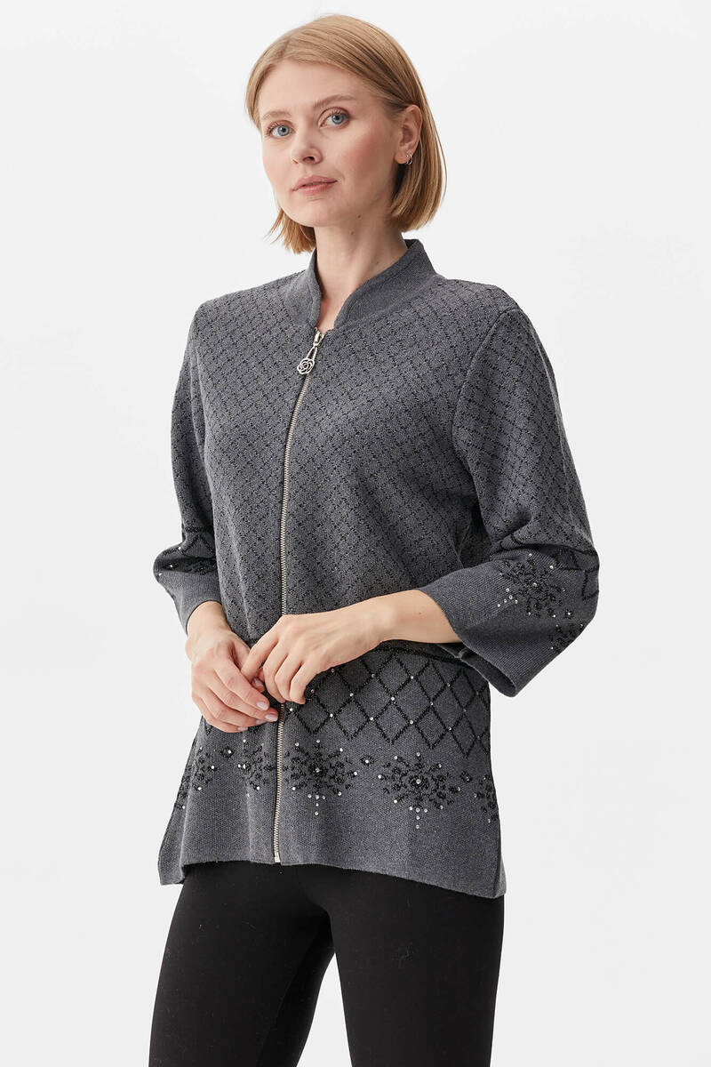 Dik Yaka Fermuarlı Taşlı Triko Hırka - Koyu Gri (3) Sementa