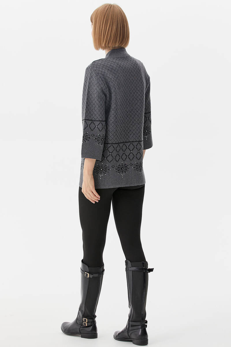 Dik Yaka Fermuarlı Taşlı Triko Hırka - Koyu Gri (4) Sementa