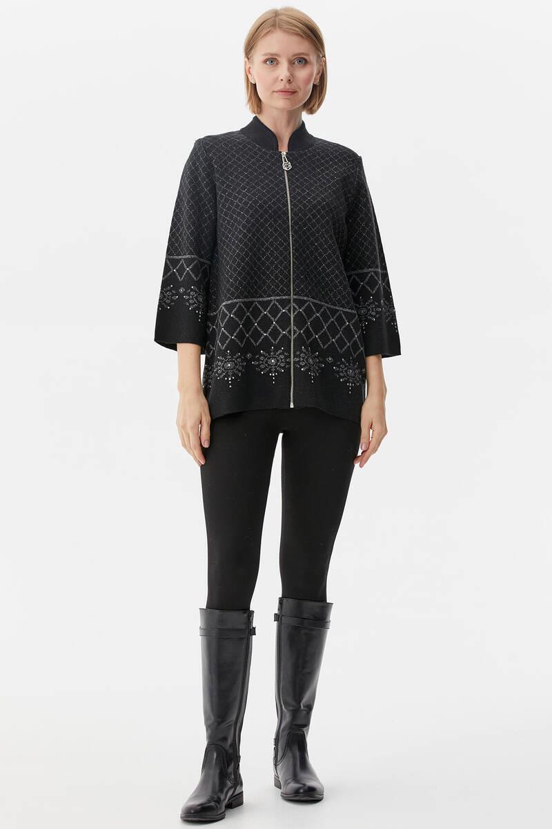 Dik Yaka Fermuarlı Taşlı Triko Hırka - Siyah (1) Sementa