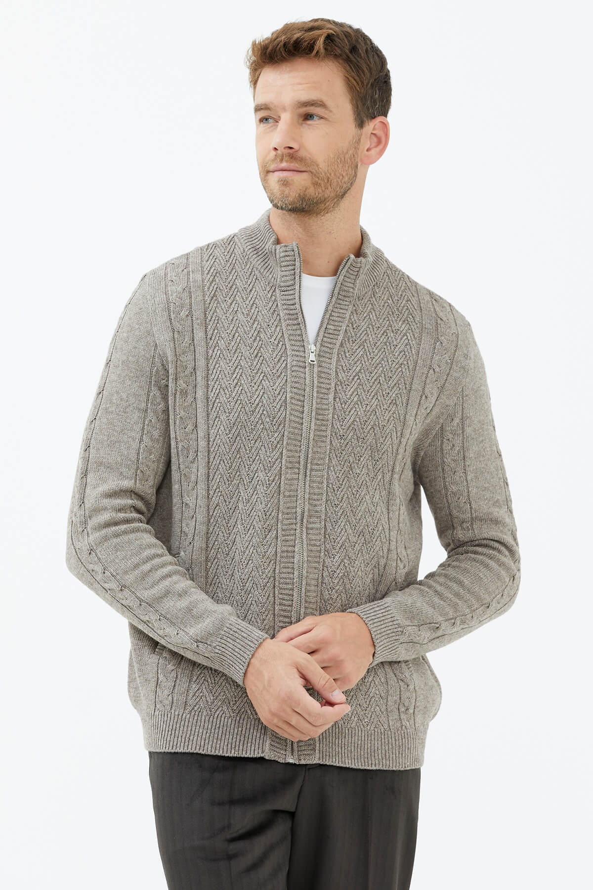 Dik Yaka Fermuarlı Triko Hırka - Bej (2) Sementa