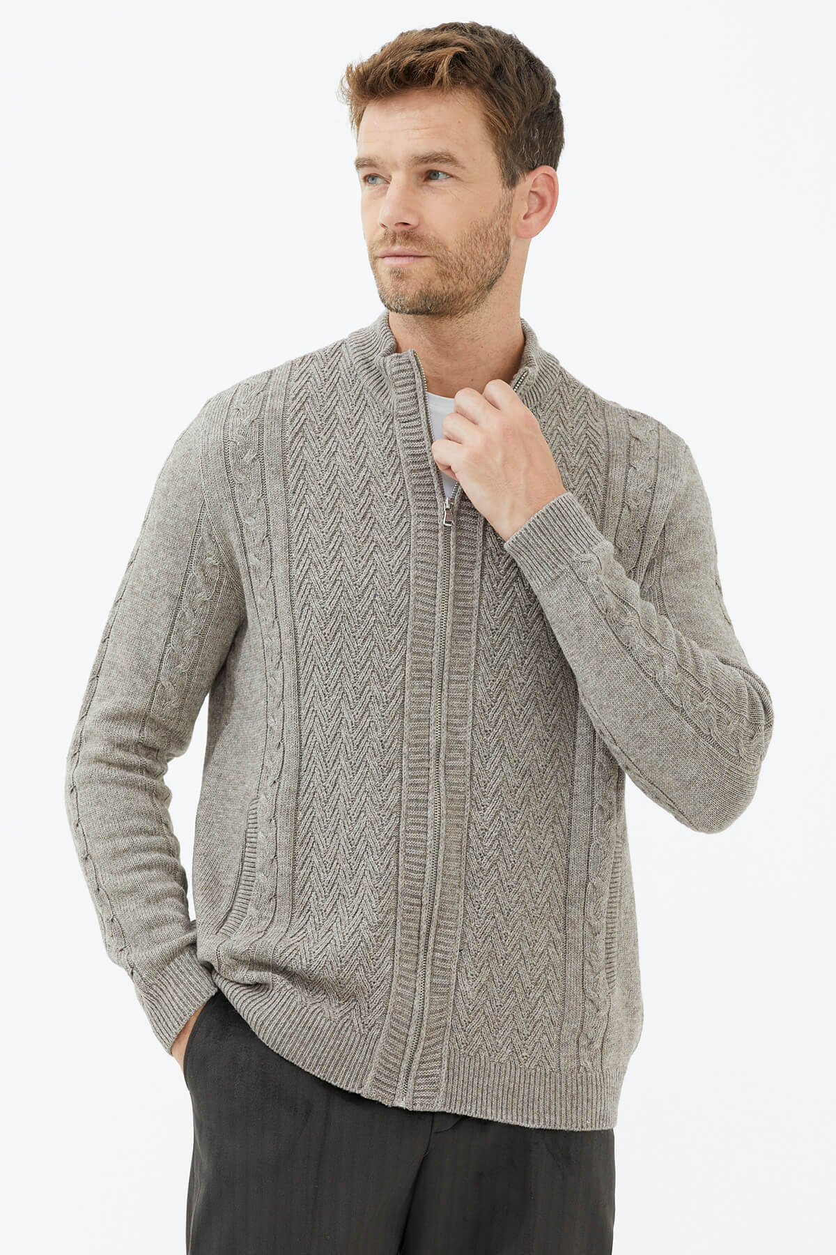 Dik Yaka Fermuarlı Triko Hırka - Bej (3) Sementa