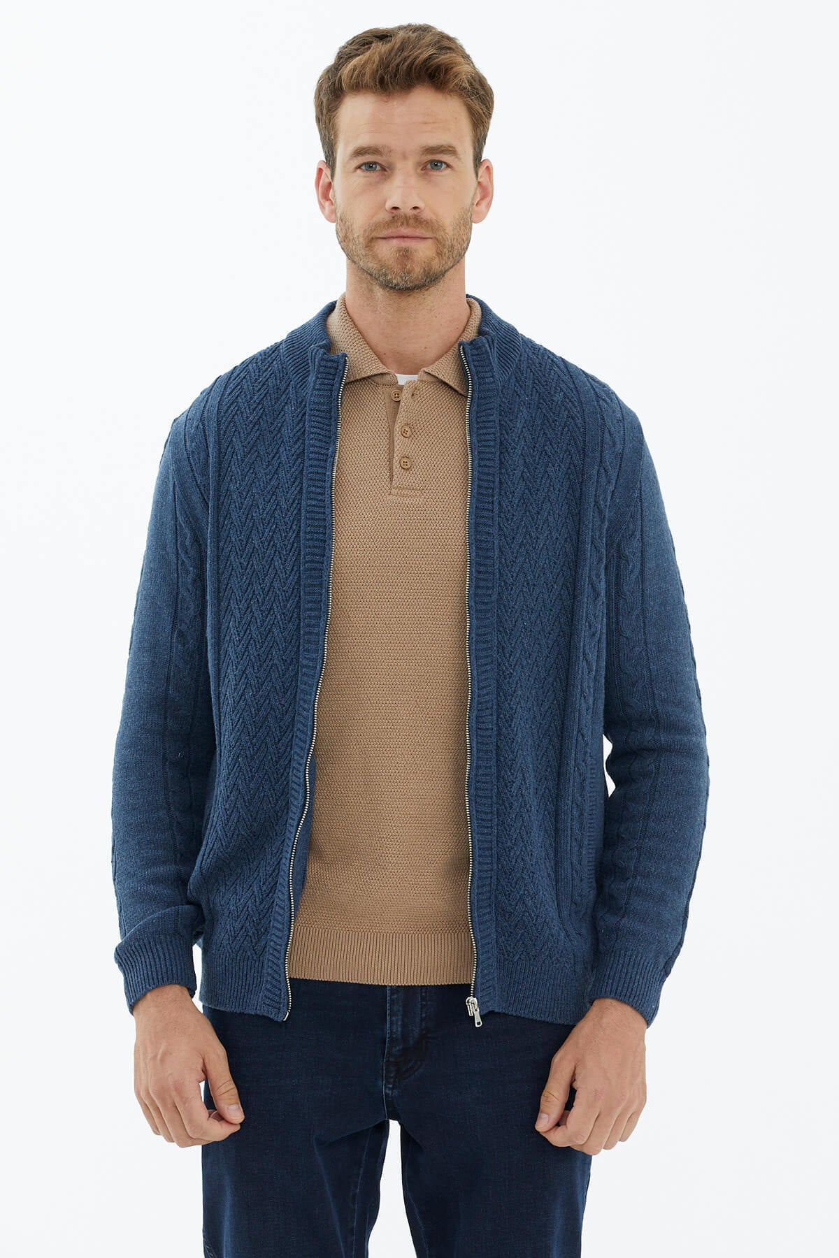 Dik Yaka Fermuarlı Triko Hırka - Indigo (2) Sementa