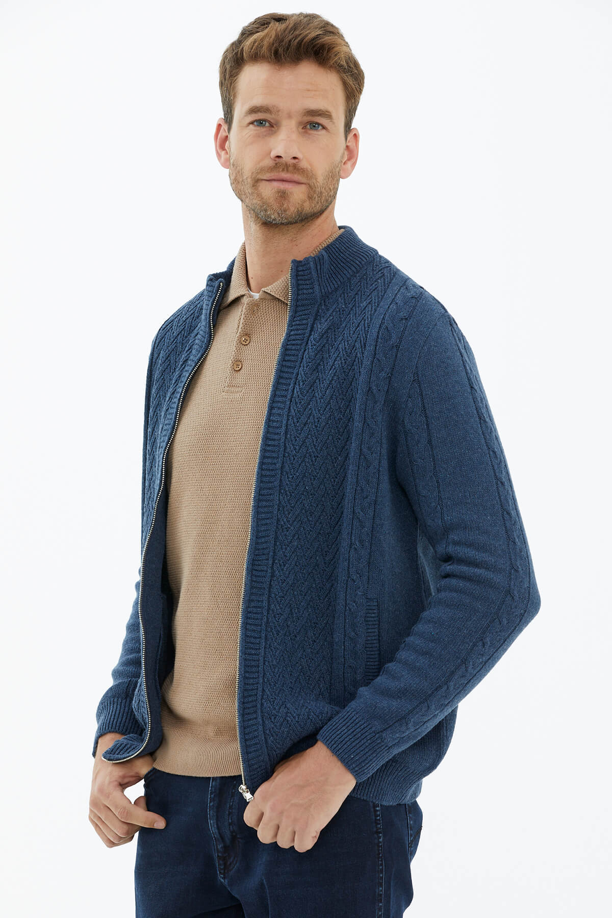 Dik Yaka Fermuarlı Triko Hırka - Indigo (3) Sementa