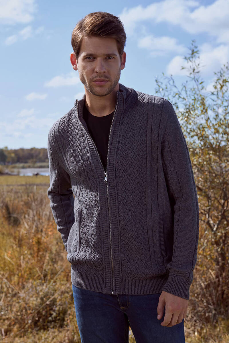 Dik Yaka Fermuarlı Triko Hırka - Koyu Gri (1) Sementa