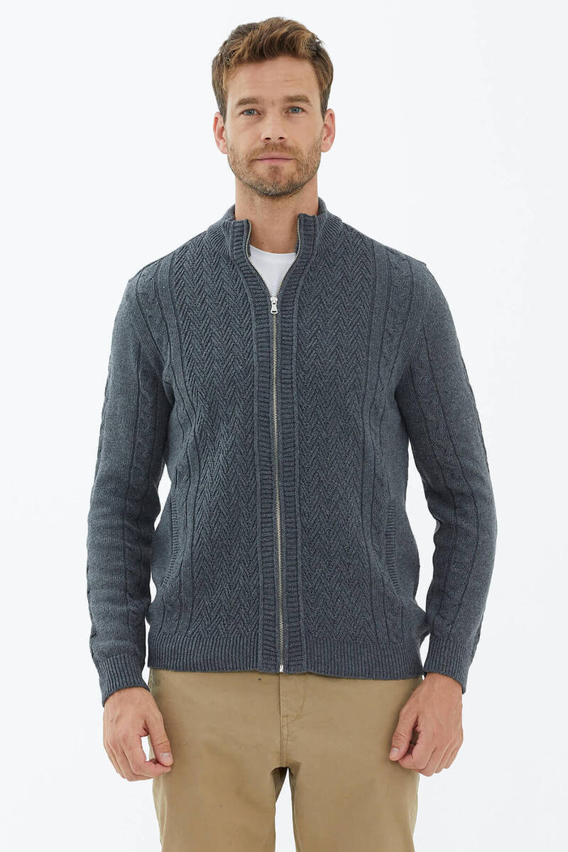 Dik Yaka Fermuarlı Triko Hırka - Koyu Gri (2) Sementa