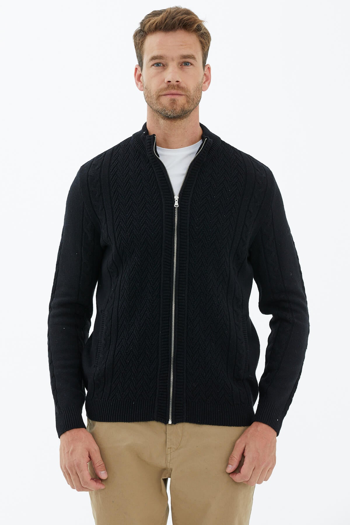 Dik Yaka Fermuarlı Triko Hırka - Siyah (2) Sementa