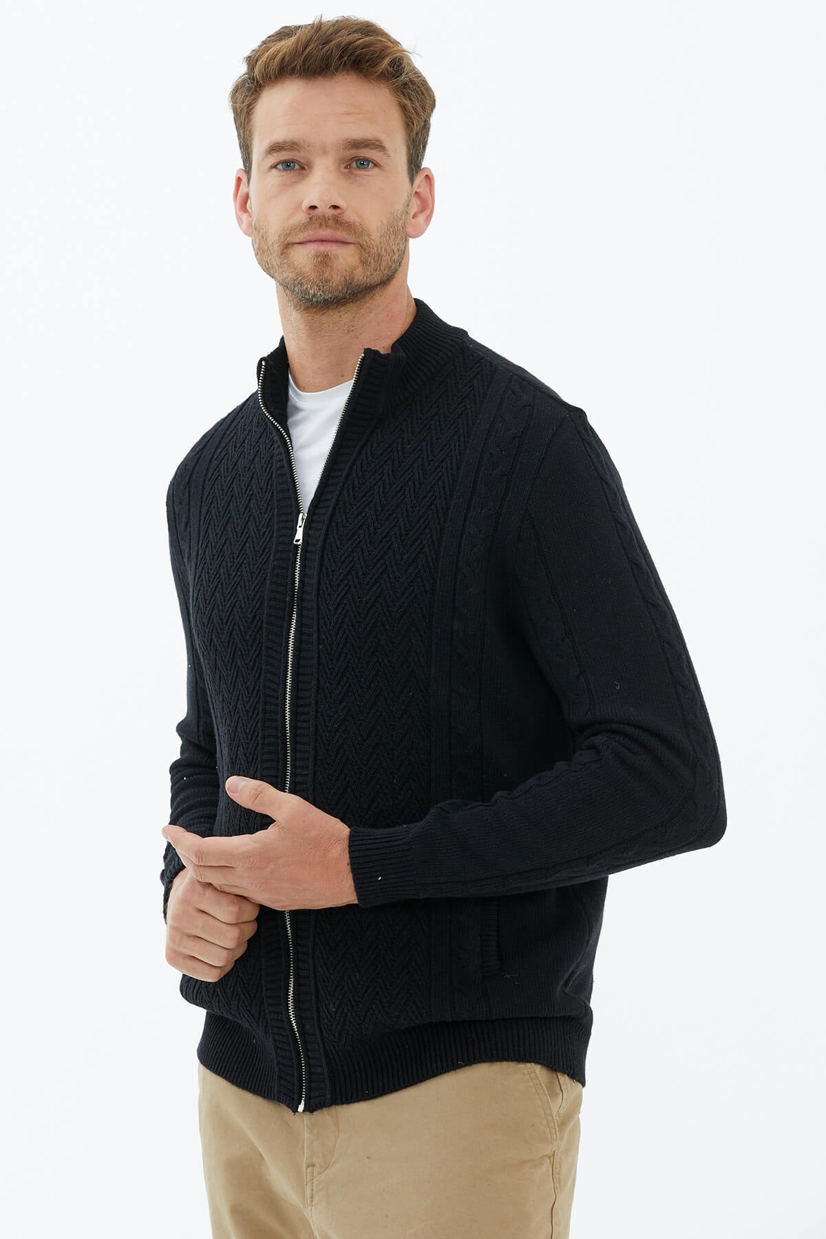 Dik Yaka Fermuarlı Triko Hırka - Siyah (3) Sementa