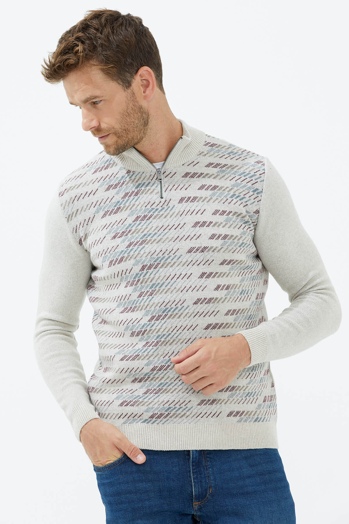 Dik Yaka Fermuarlı Triko Kazak - Bej (2) Sementa