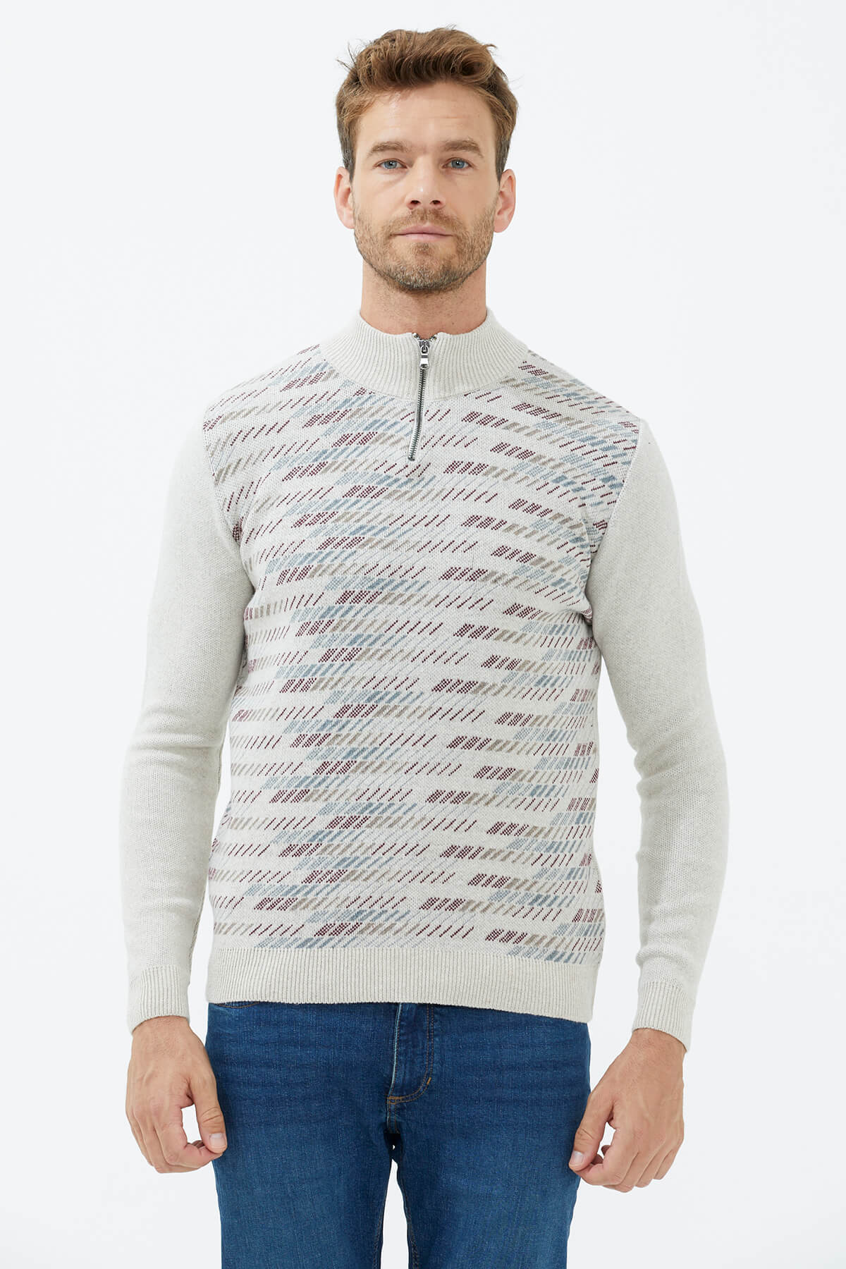 Dik Yaka Fermuarlı Triko Kazak - Bej (3) Sementa