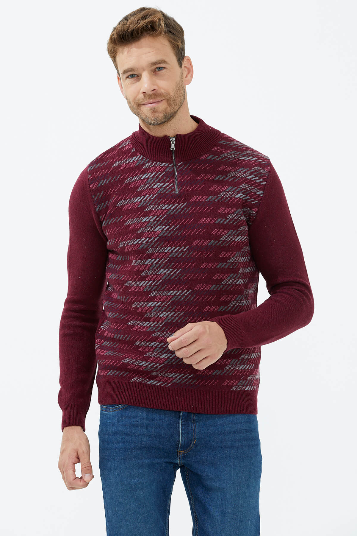 Dik Yaka Fermuarlı Triko Kazak - Bordo (1) Sementa