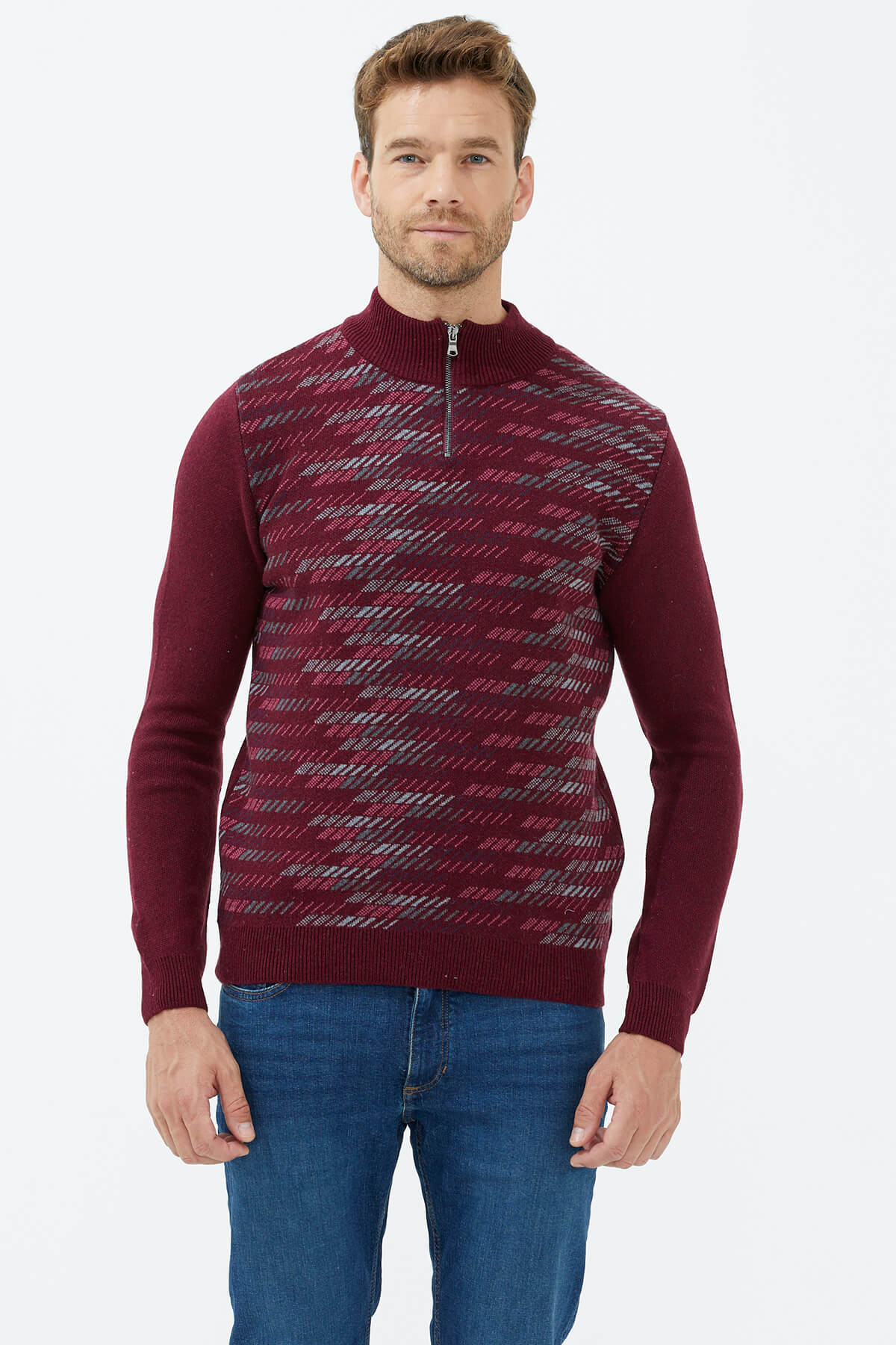 Dik Yaka Fermuarlı Triko Kazak - Bordo (2) Sementa