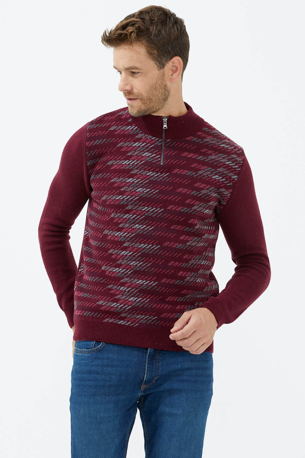 Dik Yaka Fermuarlı Triko Kazak - Bordo (3) Sementa