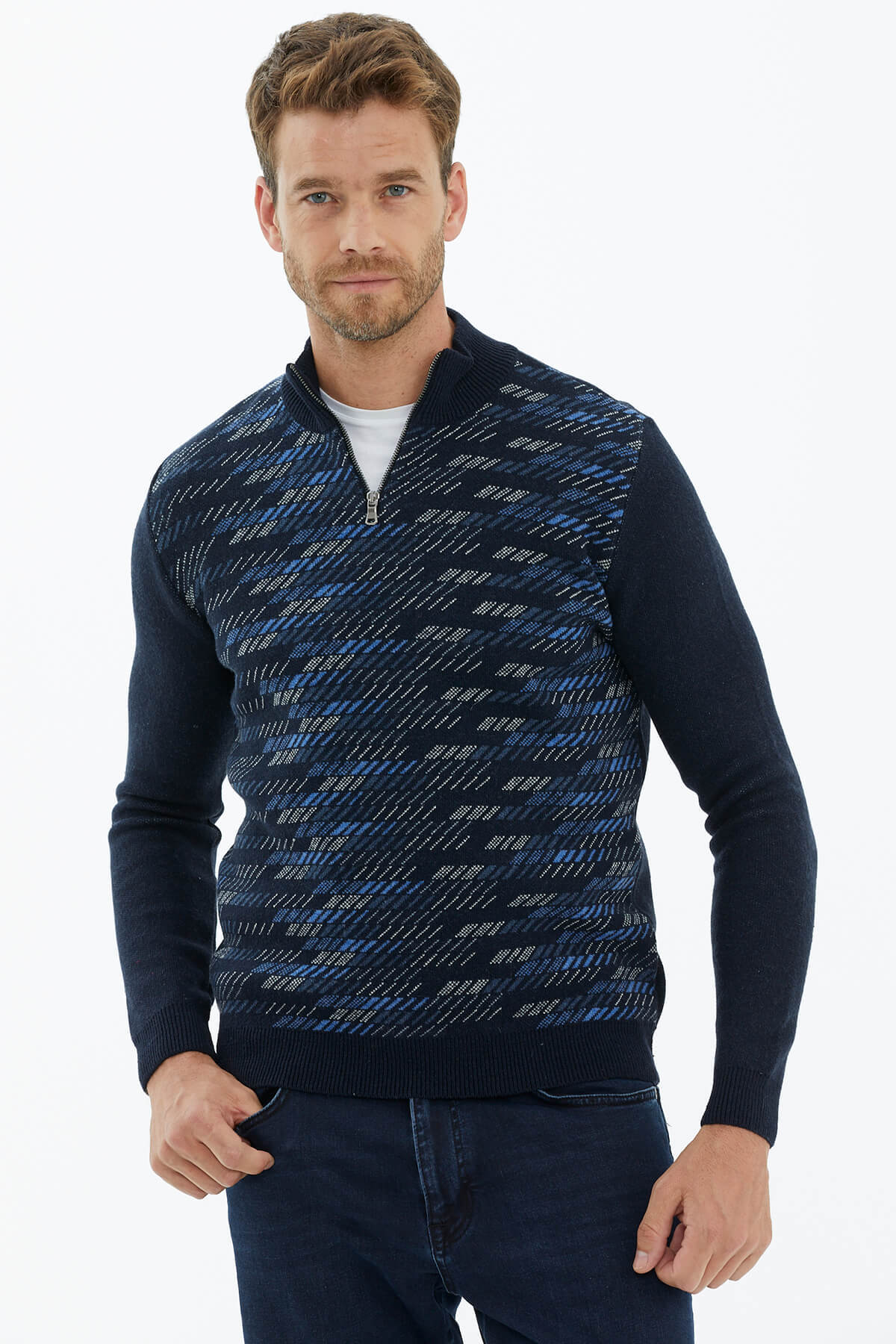 Dik Yaka Fermuarlı Triko Kazak - Lacivert (1) Sementa