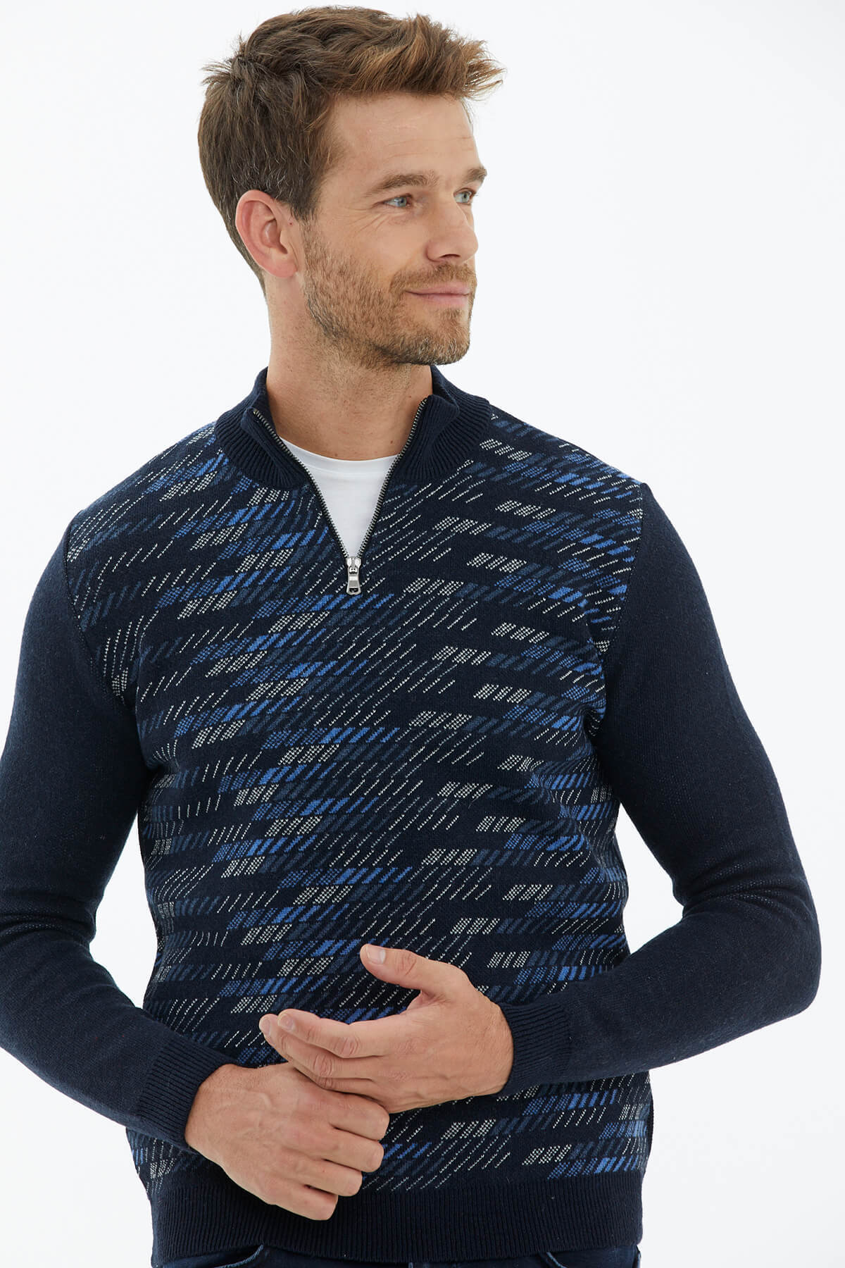 Dik Yaka Fermuarlı Triko Kazak - Lacivert (2) Sementa