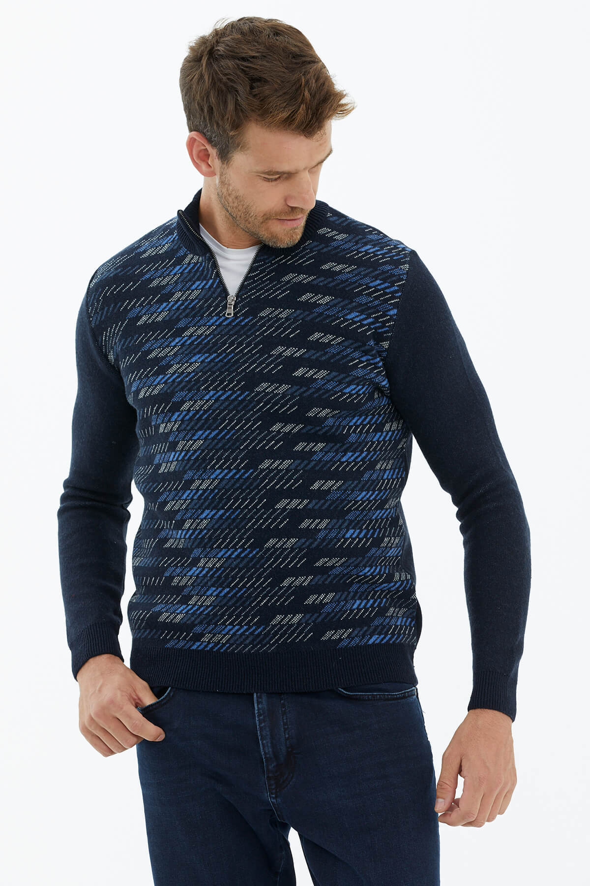 Dik Yaka Fermuarlı Triko Kazak - Lacivert (3) Sementa