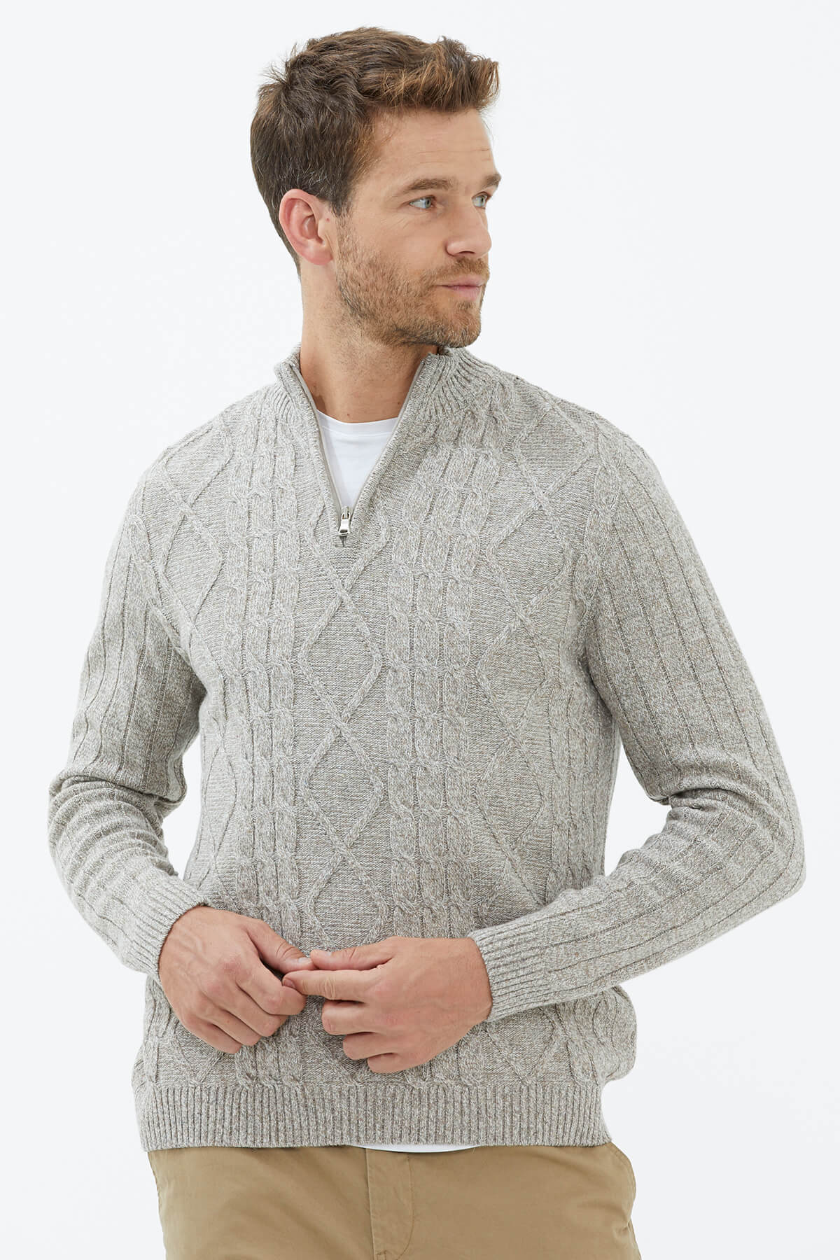 Dik Yaka Fermuarlı Triko Kazak - Sütlü Kahve (3) Sementa