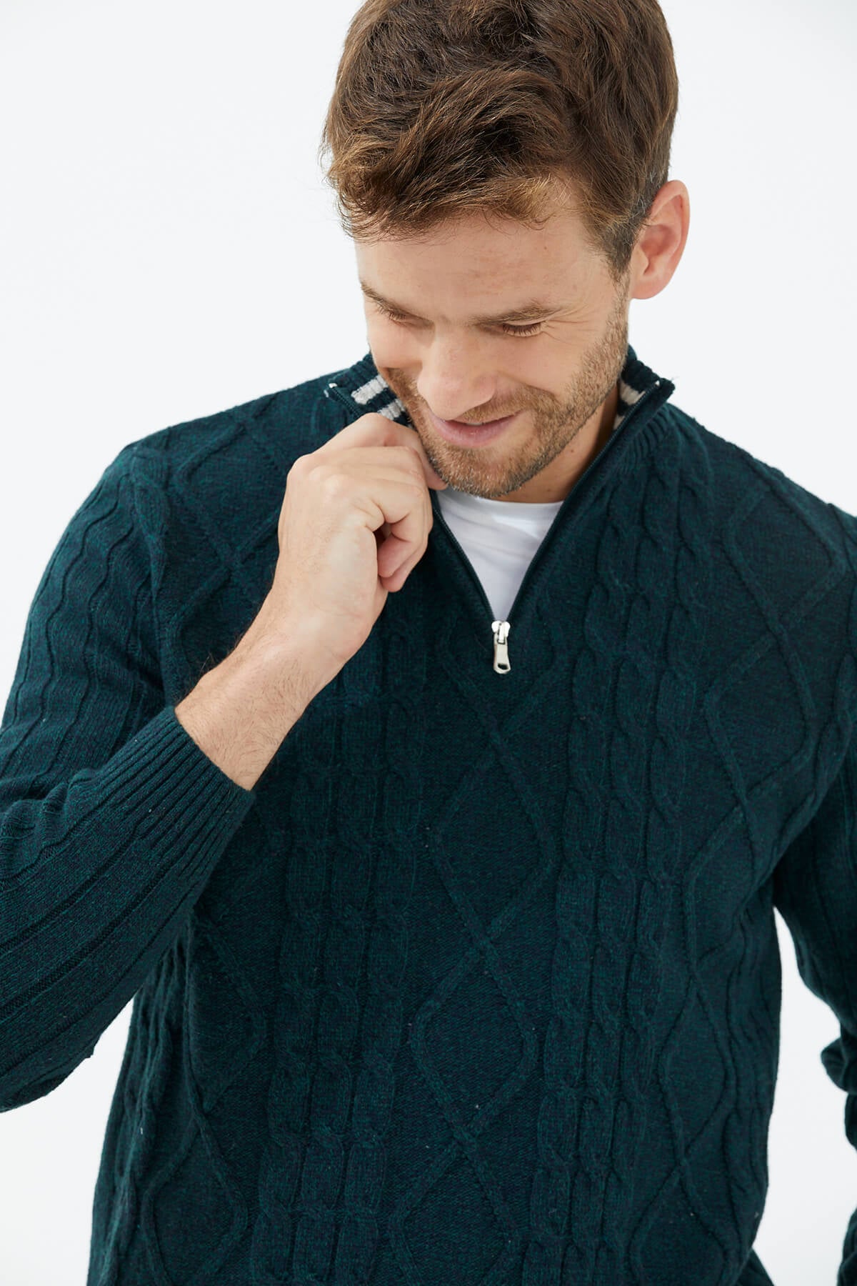 Dik Yaka Fermuarlı Triko Kazak - Yeşil (1) Sementa