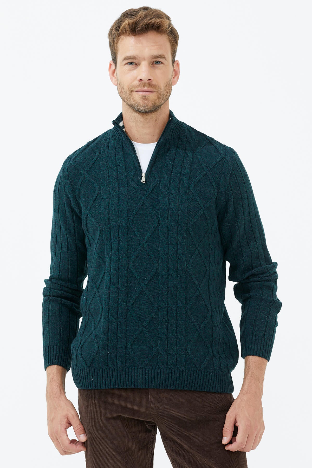 Dik Yaka Fermuarlı Triko Kazak - Yeşil (2) Sementa