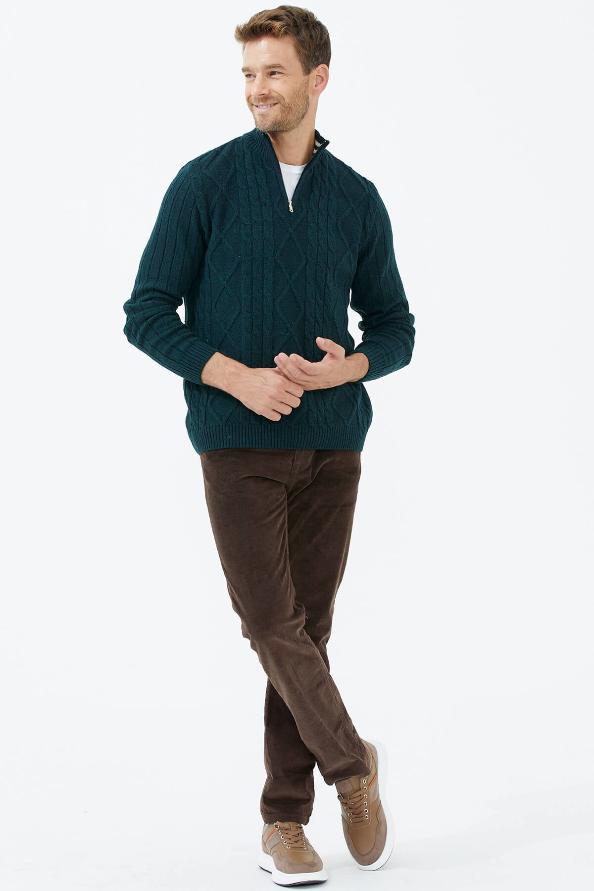 Dik Yaka Fermuarlı Triko Kazak - Yeşil (3) Sementa