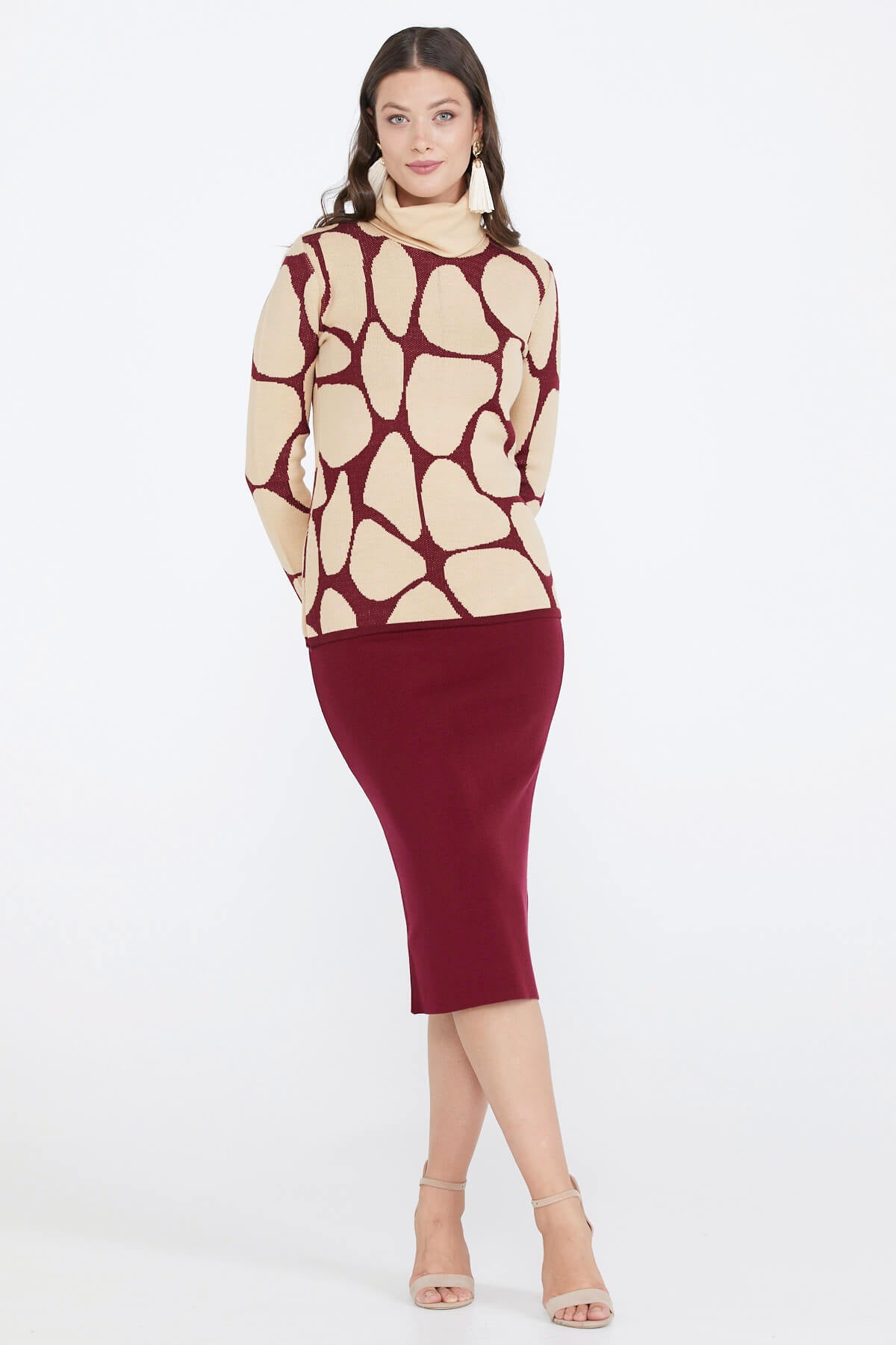 Dik Yaka Kadın Desenli Triko Kazak - Bordo - Bej (2) Sementa