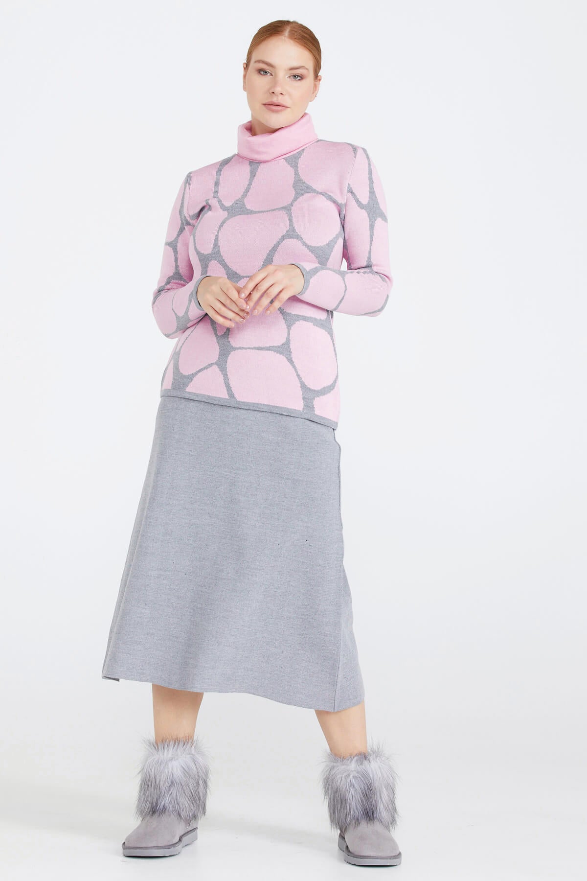 Dik Yaka Kadın Desenli Triko Kazak - Gri - Pembe (1) Sementa