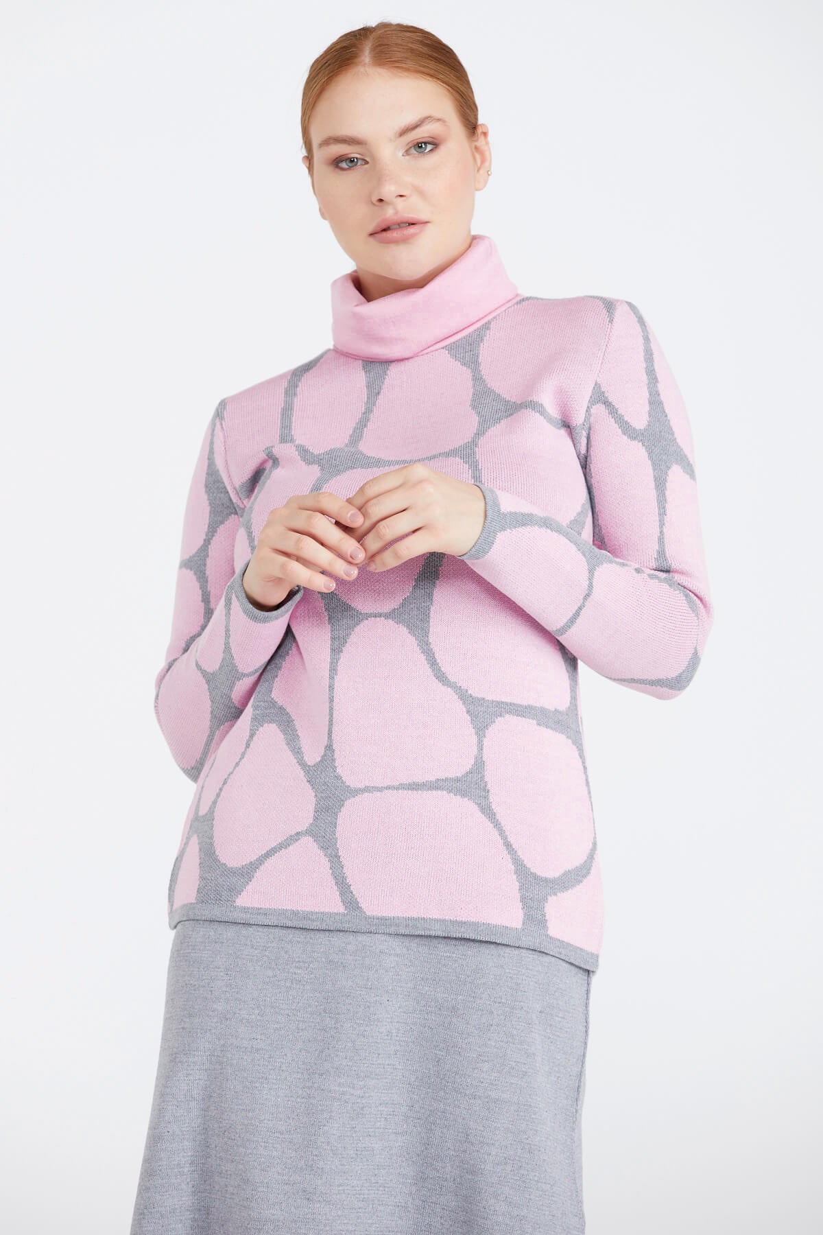 Dik Yaka Kadın Desenli Triko Kazak - Gri - Pembe (2) Sementa