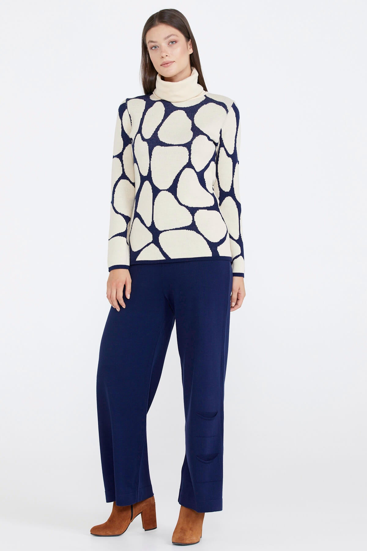 Dik Yaka Kadın Desenli Triko Kazak - Lacivert - Krem (2) Sementa