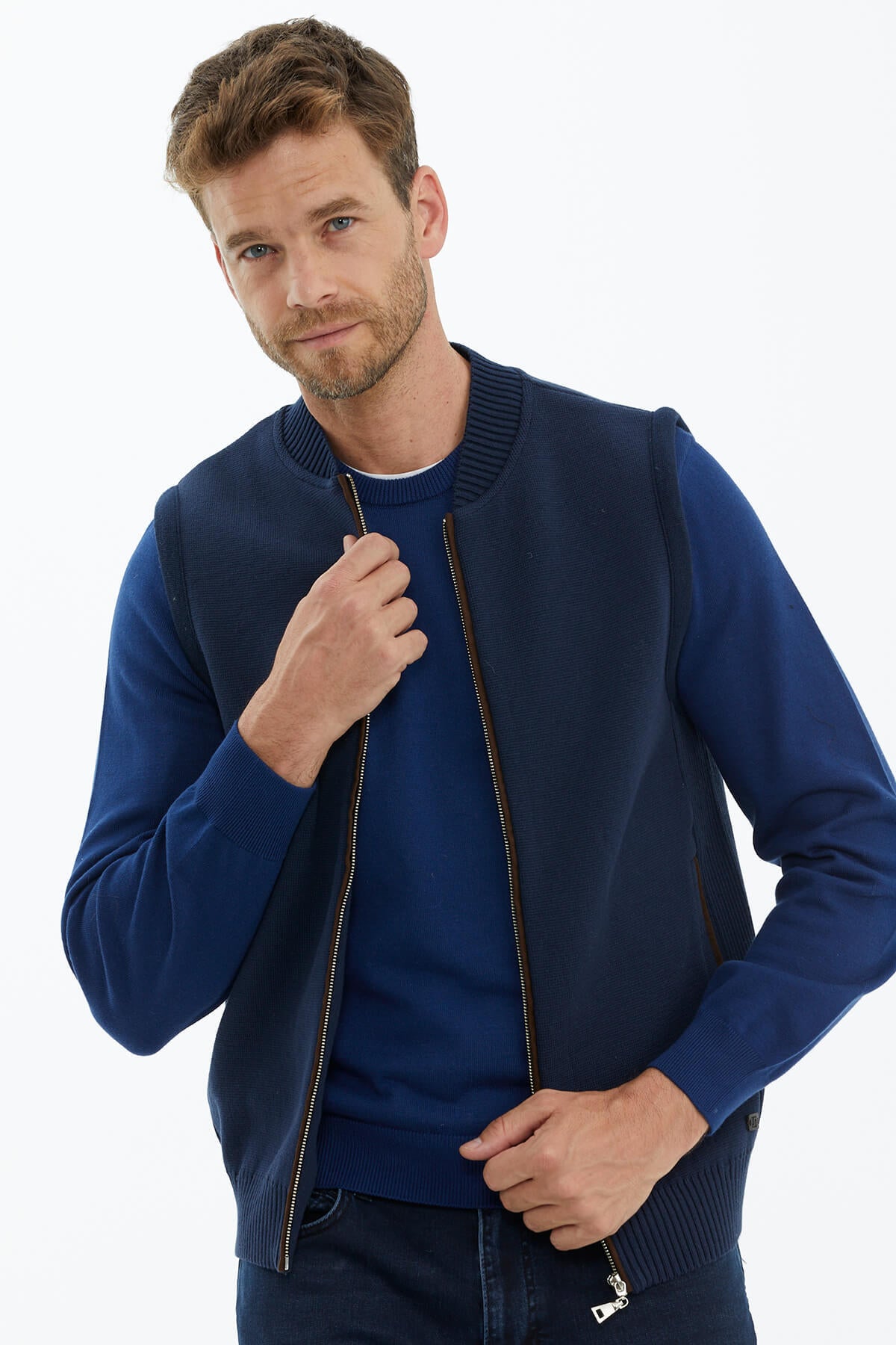 Dik Yaka Nubuk Biyeli Triko Yelek - Lacivert (2) Sementa