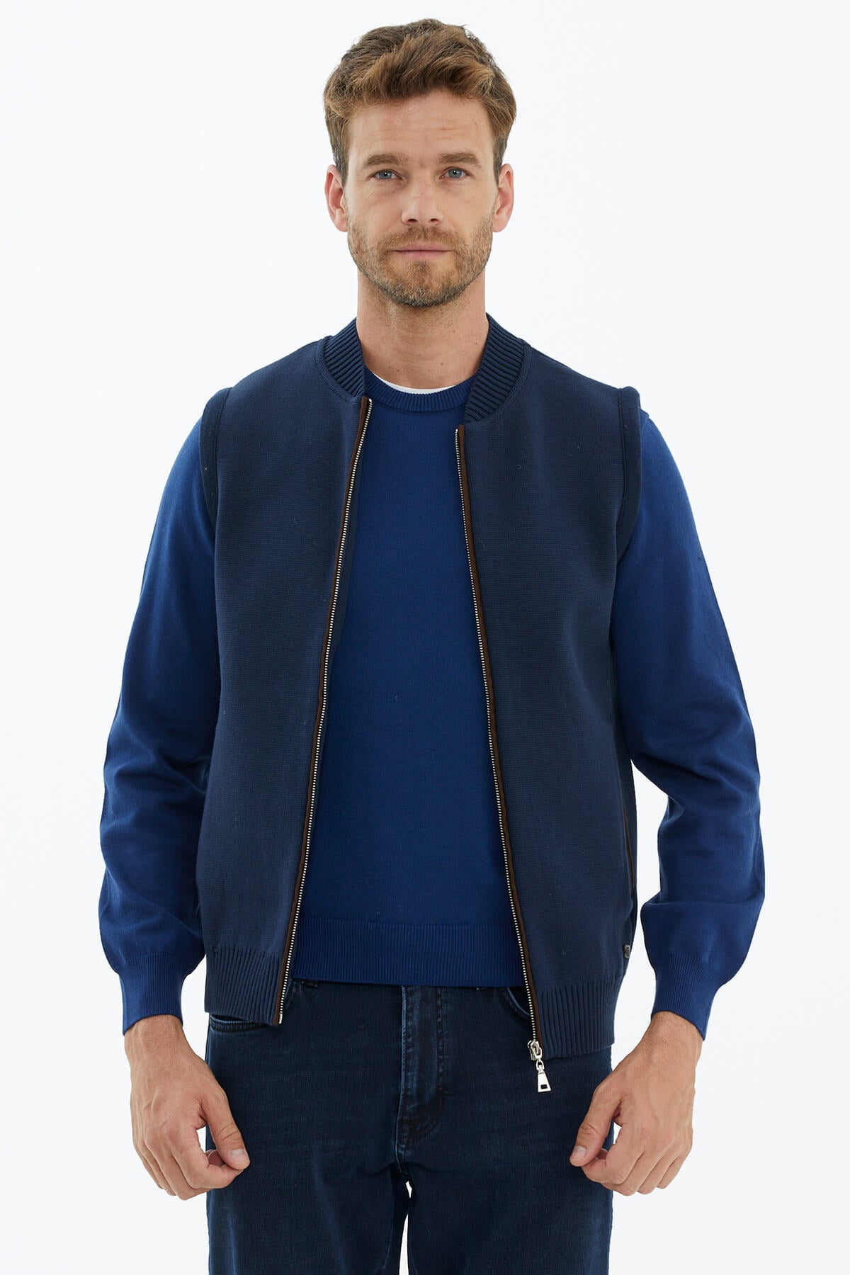 Dik Yaka Nubuk Biyeli Triko Yelek - Lacivert (3) Sementa