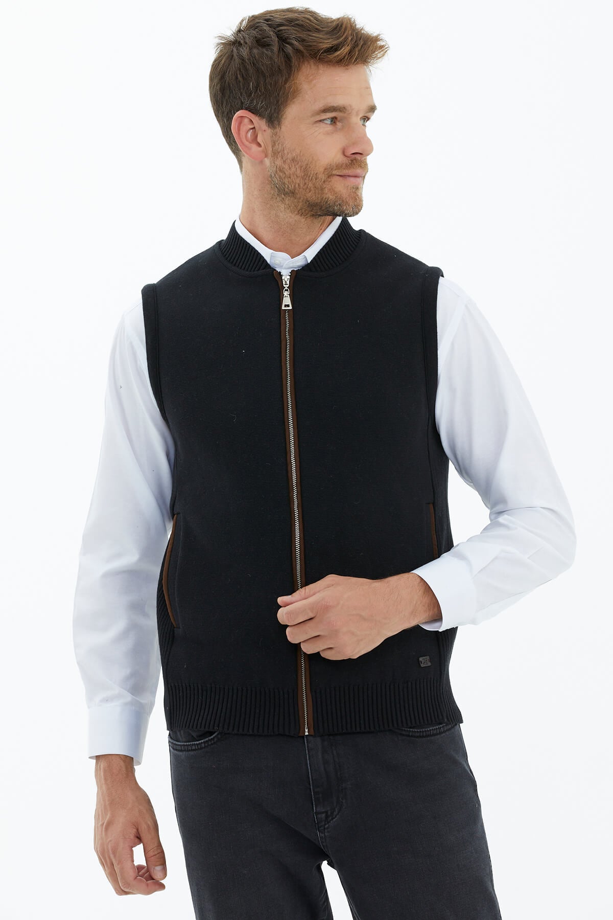 Dik Yaka Nubuk Biyeli Triko Yelek - Siyah (2) Sementa