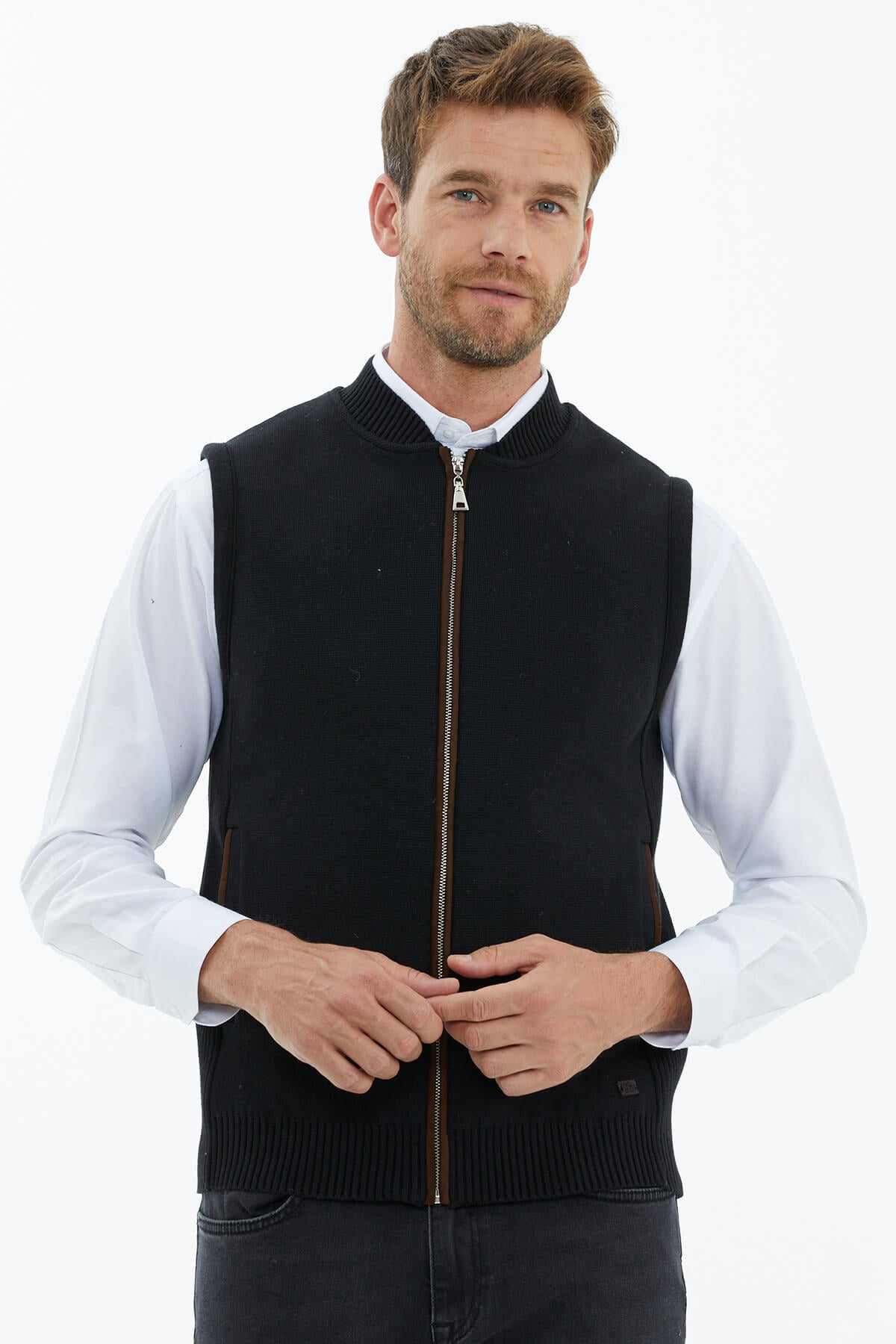 Dik Yaka Nubuk Biyeli Triko Yelek - Siyah (3) Sementa