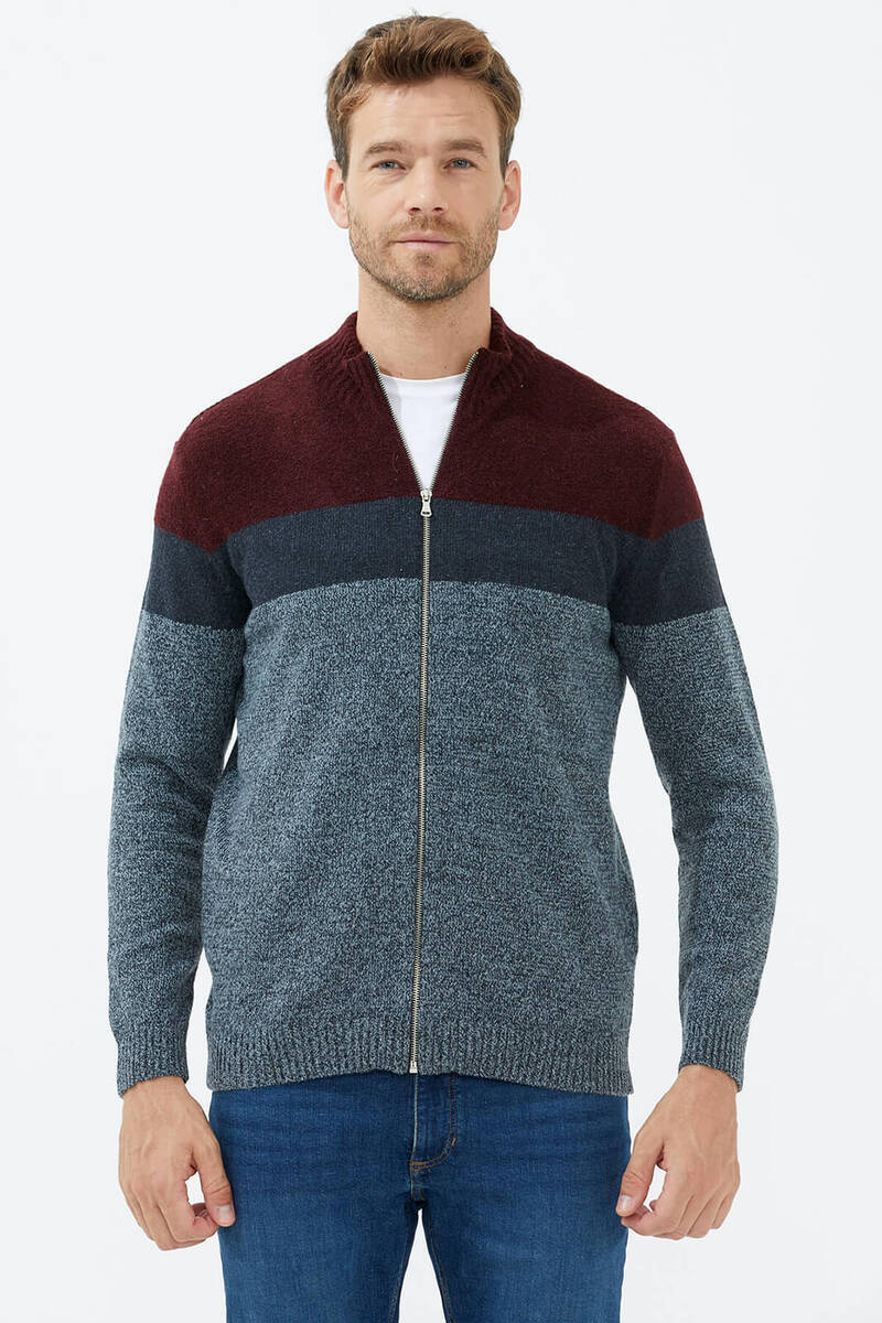 Dik Yaka Renkli Triko Hırka - Gri (2) Sementa