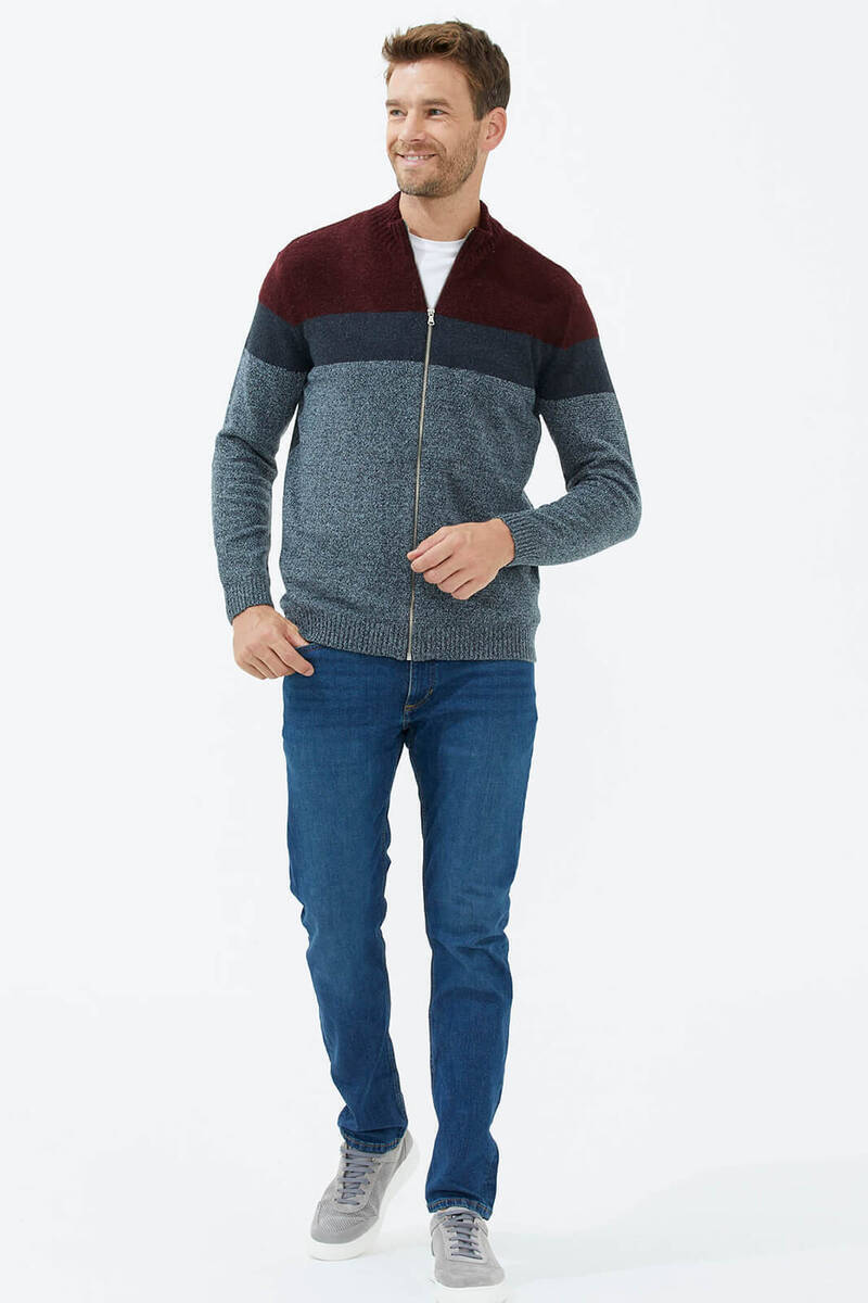 Dik Yaka Renkli Triko Hırka - Gri (3) Sementa