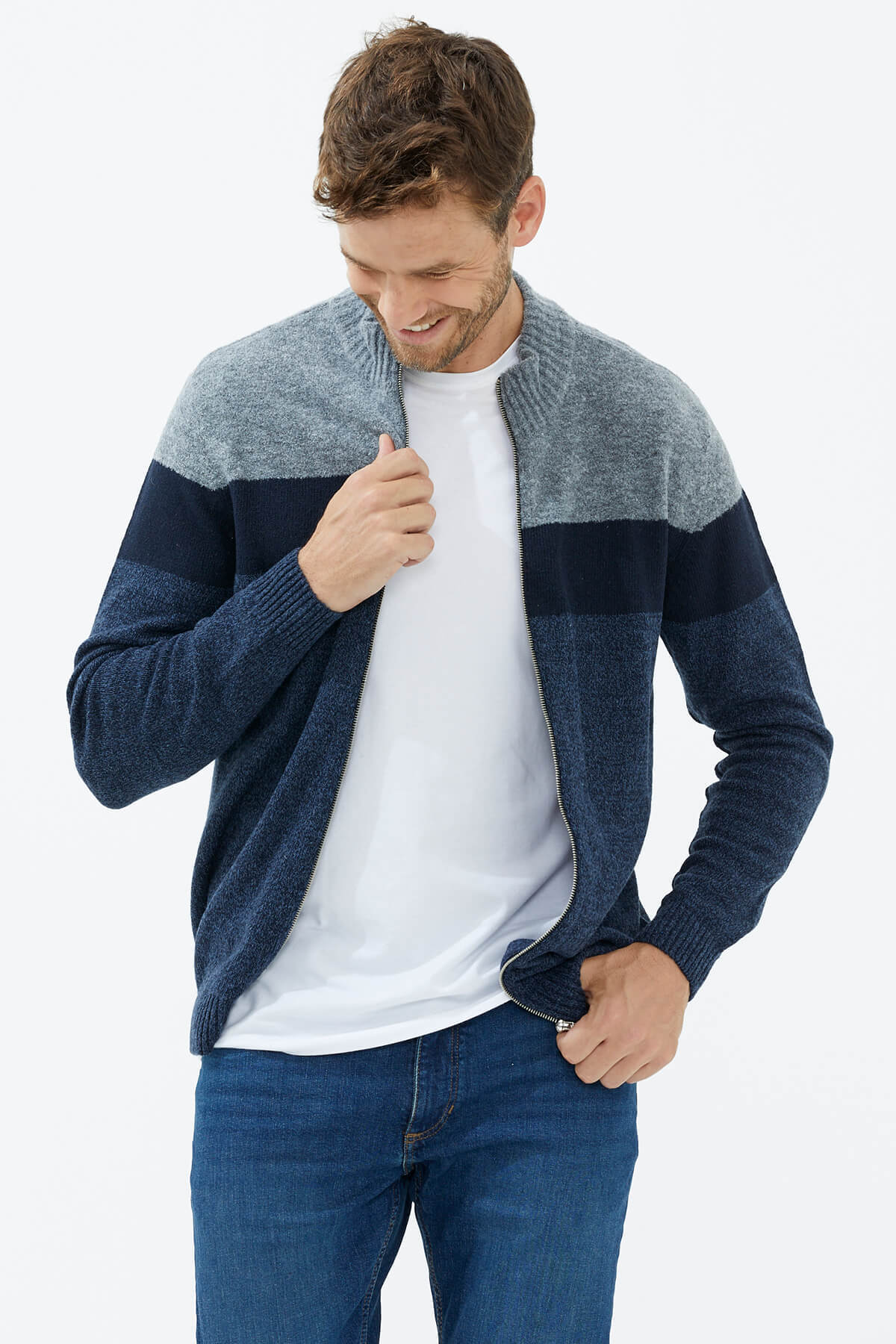 Dik Yaka Renkli Triko Hırka - Indigo (2) Sementa